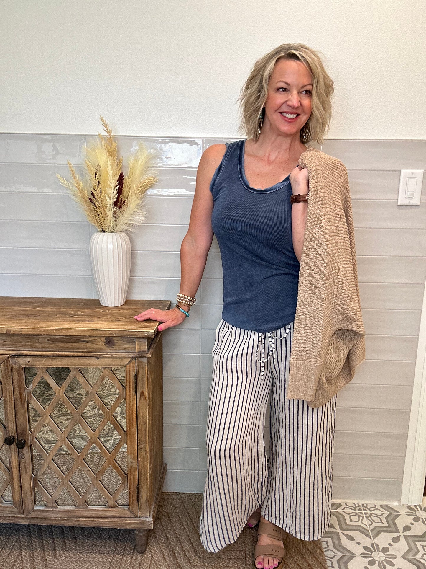Striped Linen Capri Pants