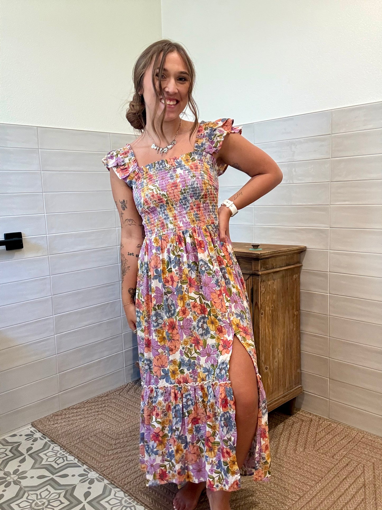 Smocked Floral Flutter Dress