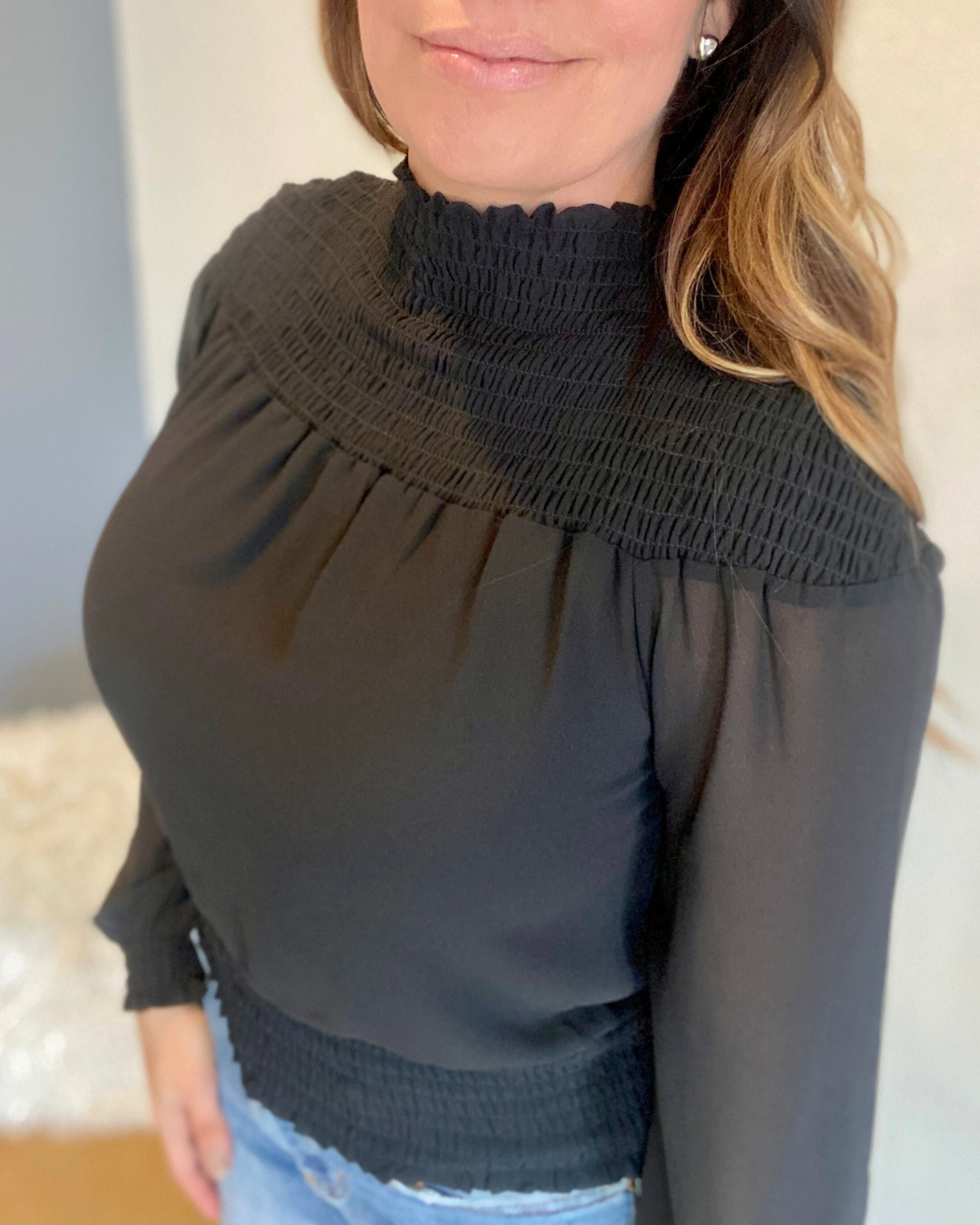 Smocked Yoke Blouse - Black