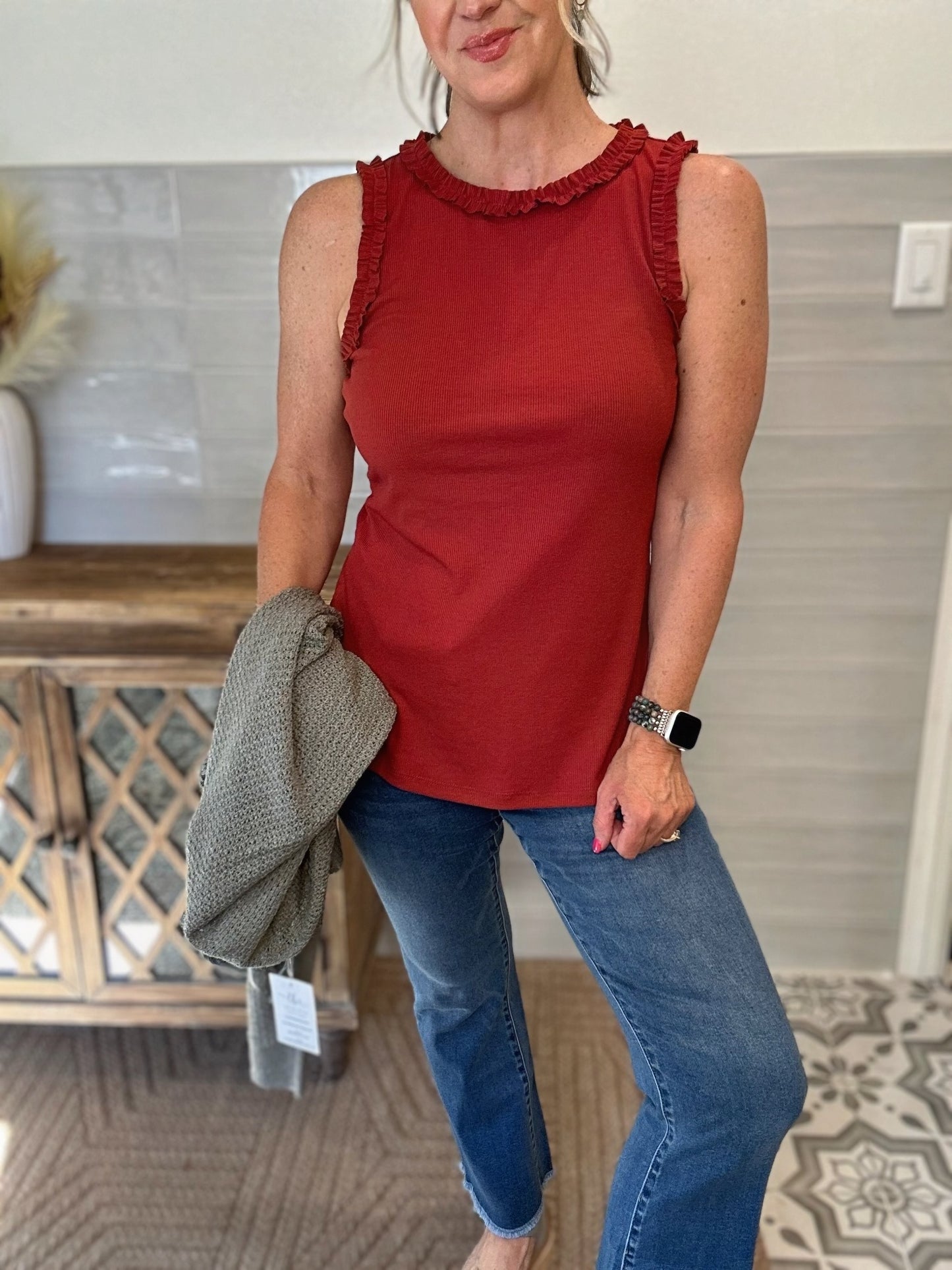Solid Knit Ruffle Trim Tank - Burnt Sienna