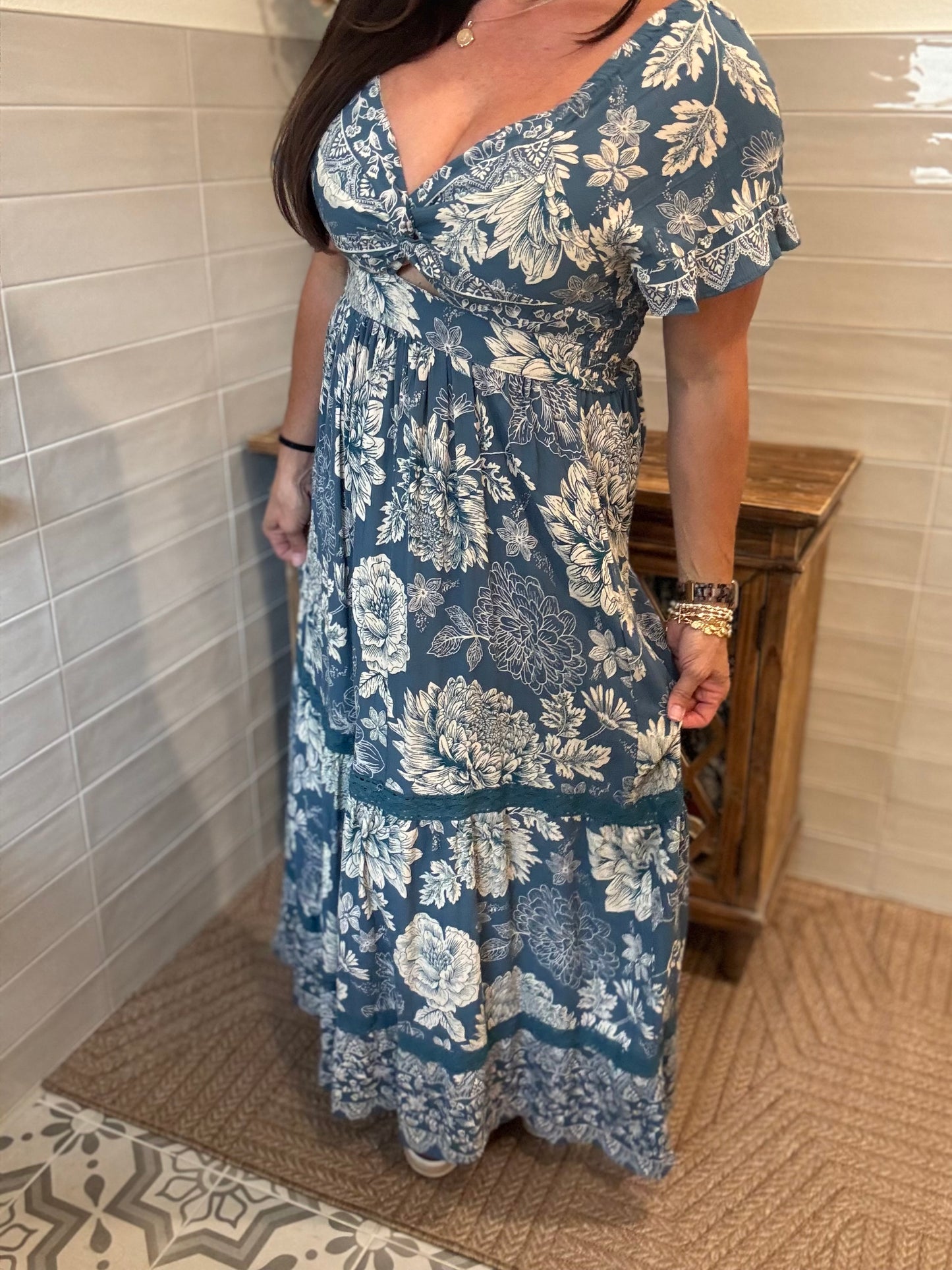 Teal Maxi and Lace Trim Dress