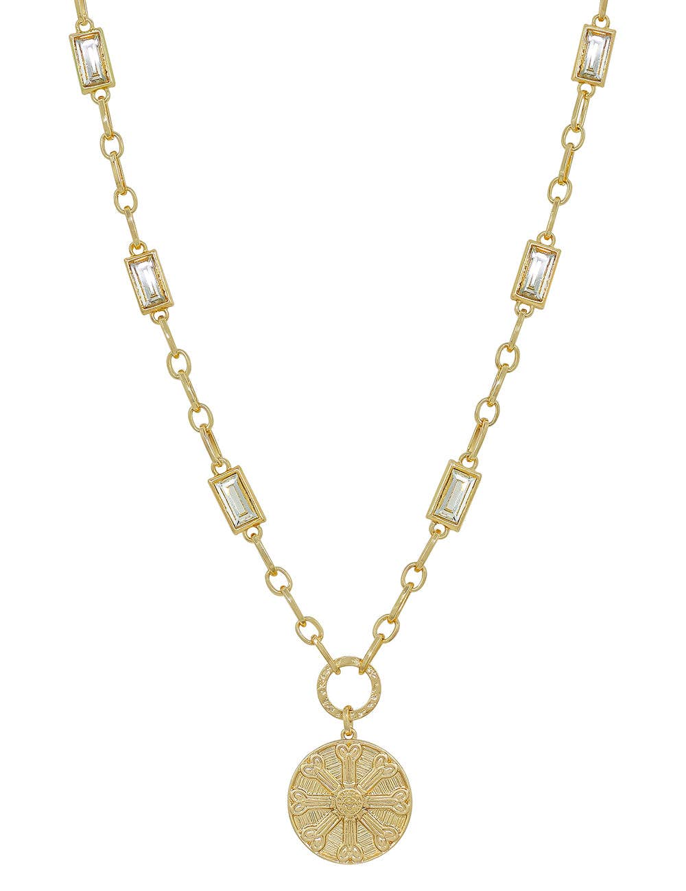 Gold with Clear Rectangle Crystal and Coin 16"-18" Necklace