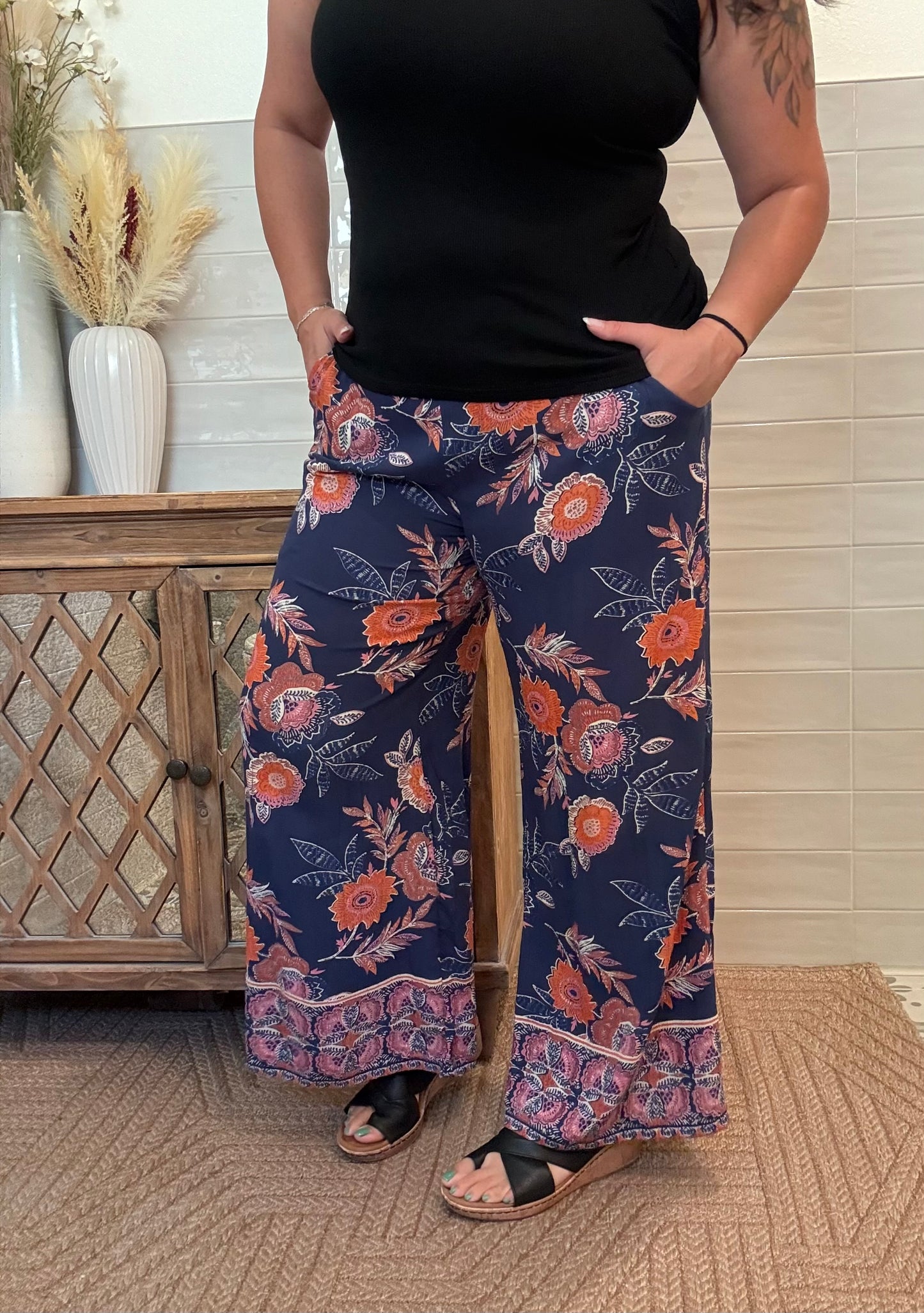 Navy Flower Pants