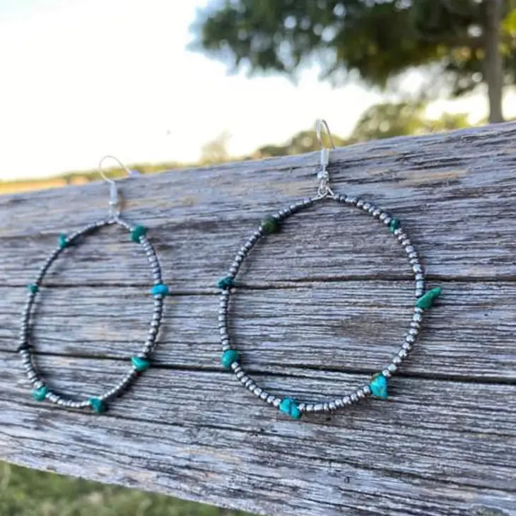 Silver Bead and Turquoise Hoop Earrings