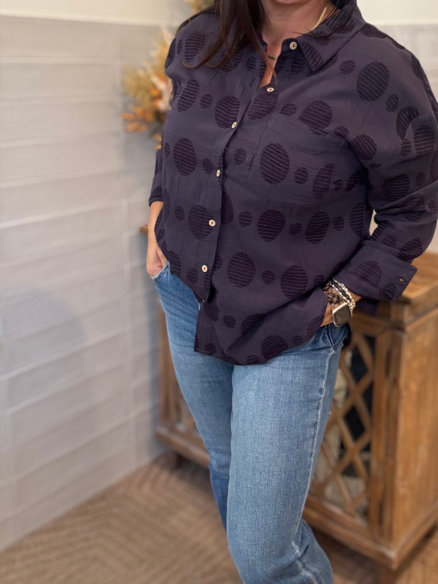Navy Swiss Dot Blouse
