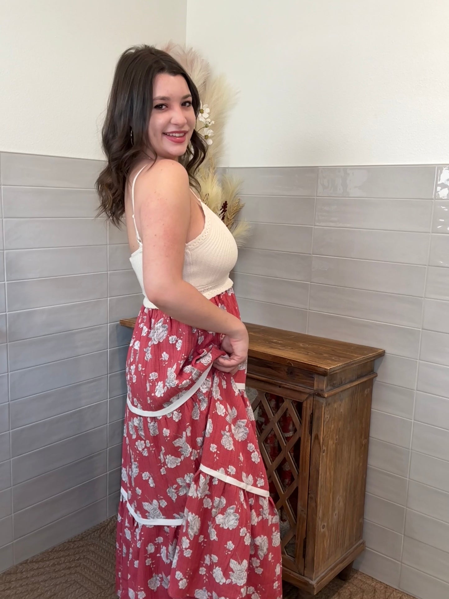 Ivory and Floral Midi Dress
