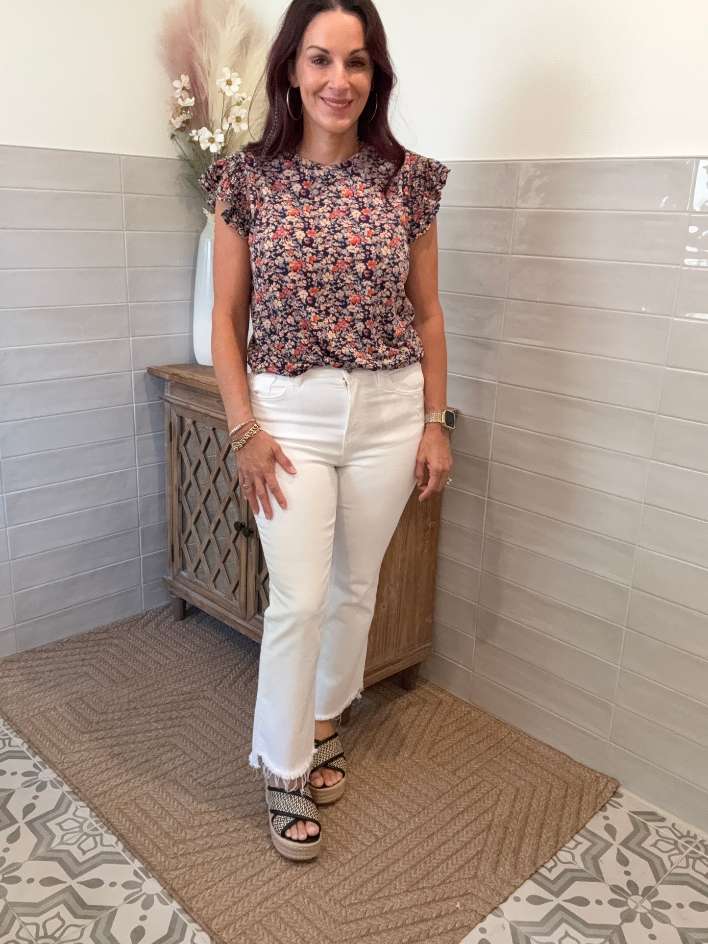 Navy Ruffle Jersey Blouse
