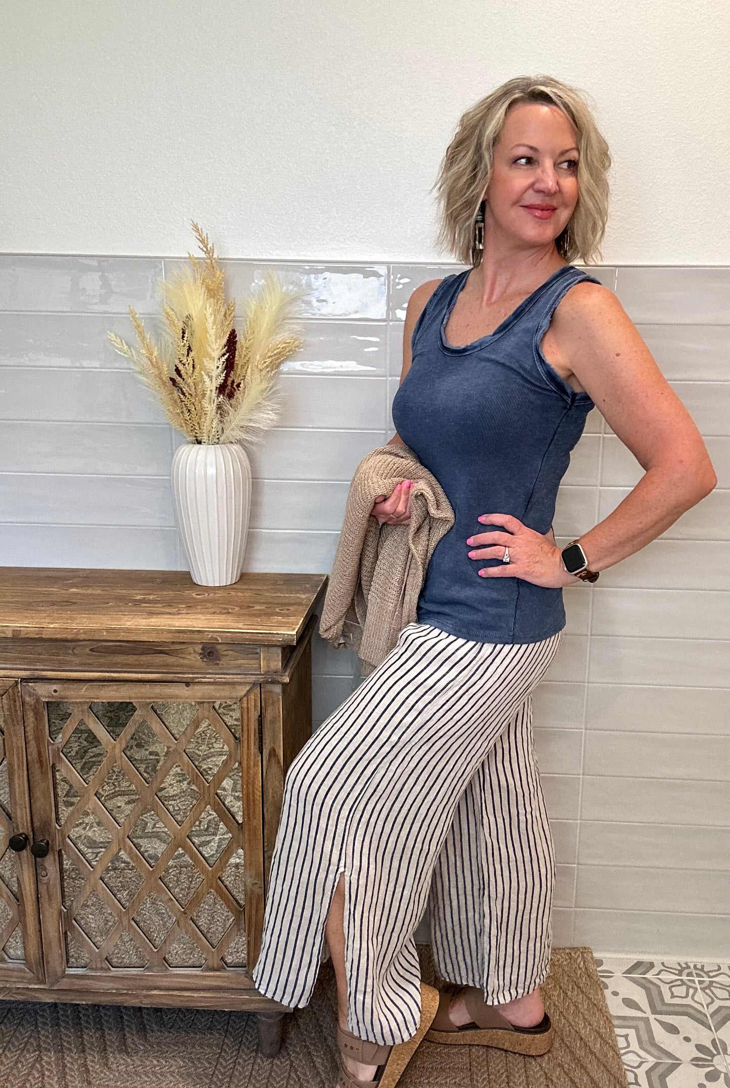 Striped Linen Capri Pants