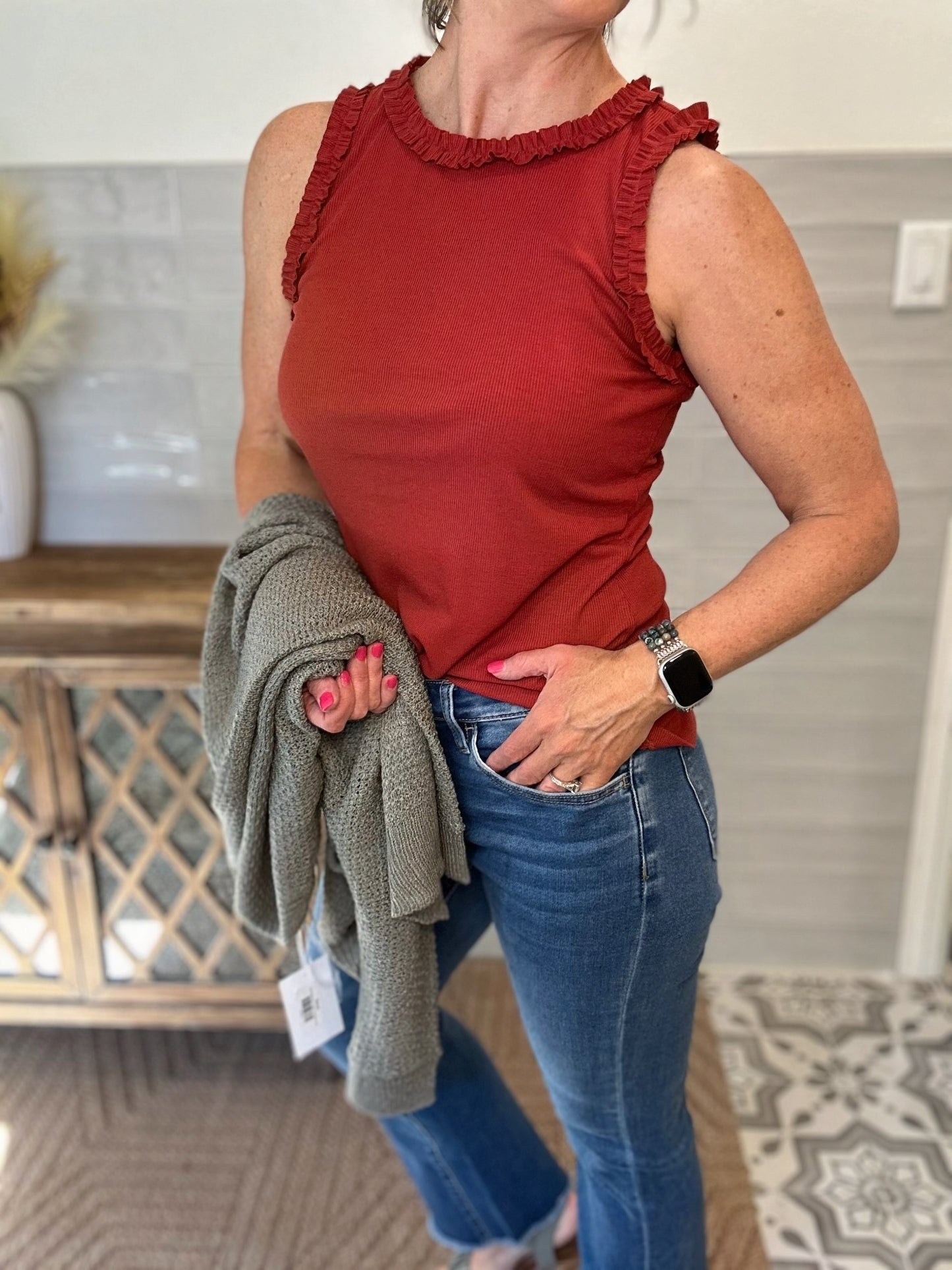 Solid Knit Ruffle Trim Tank - Burnt Sienna