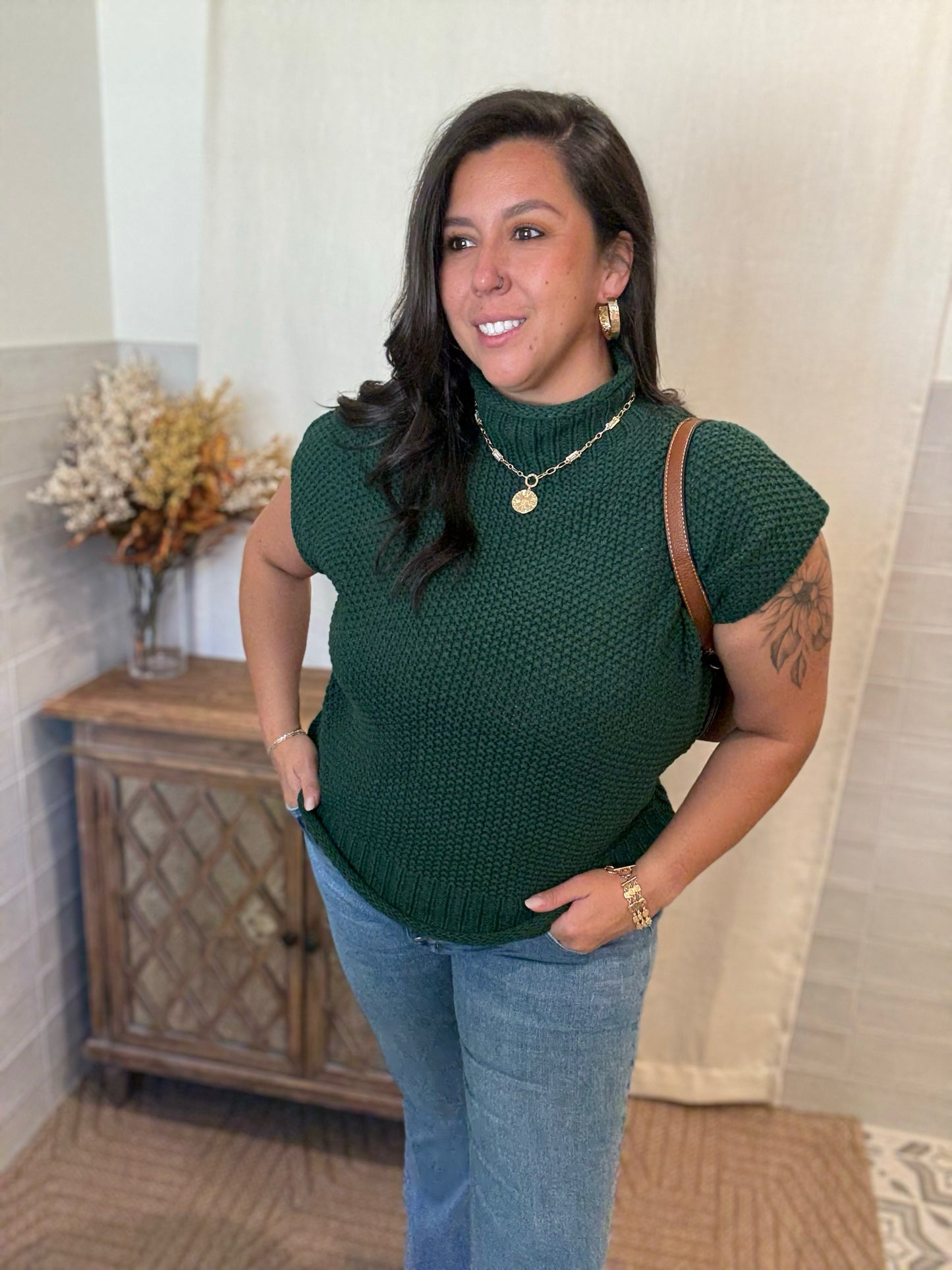 Green Shoulder Sweater Top