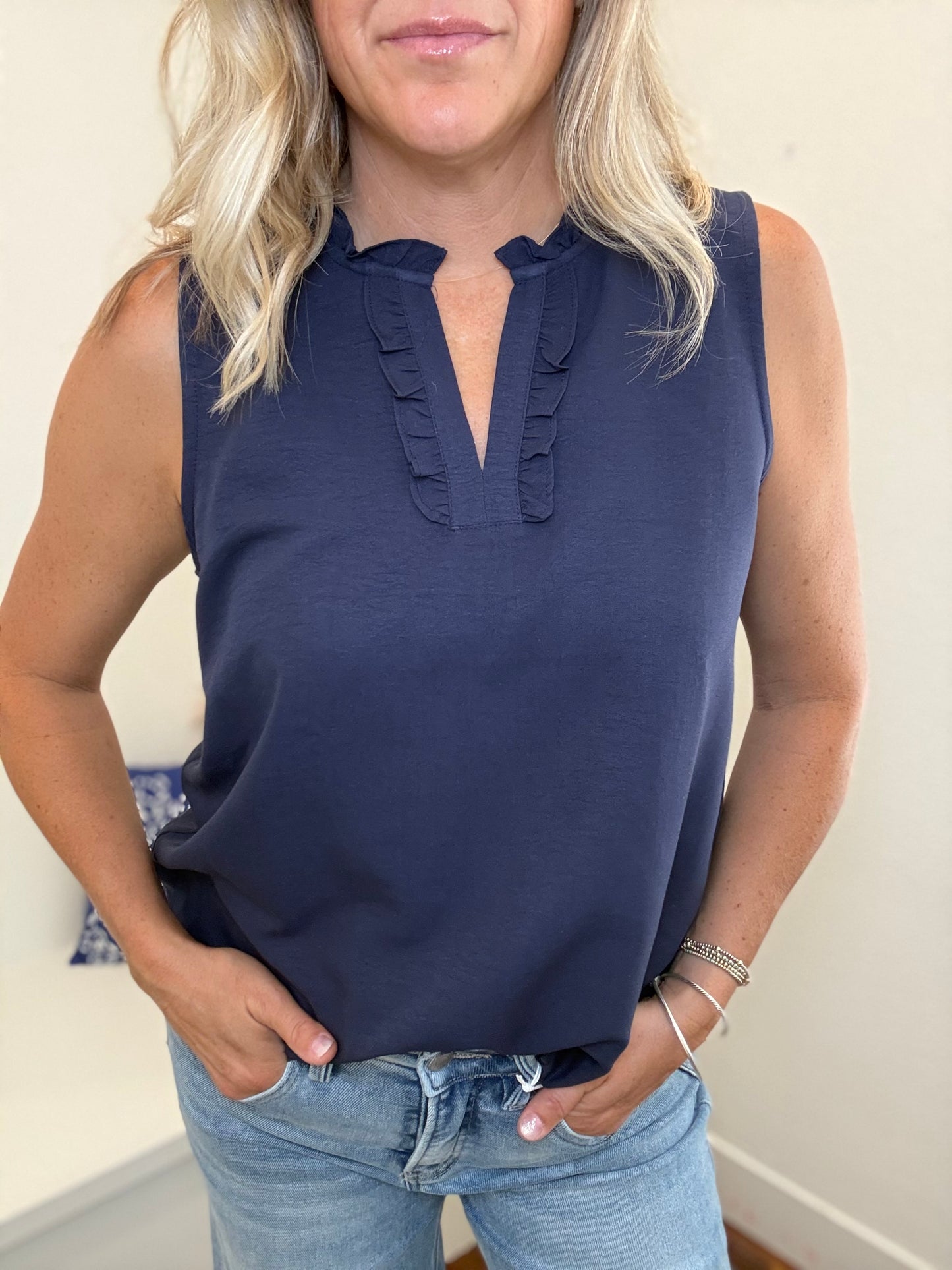 Navy Ruffle V-Neck Blouse