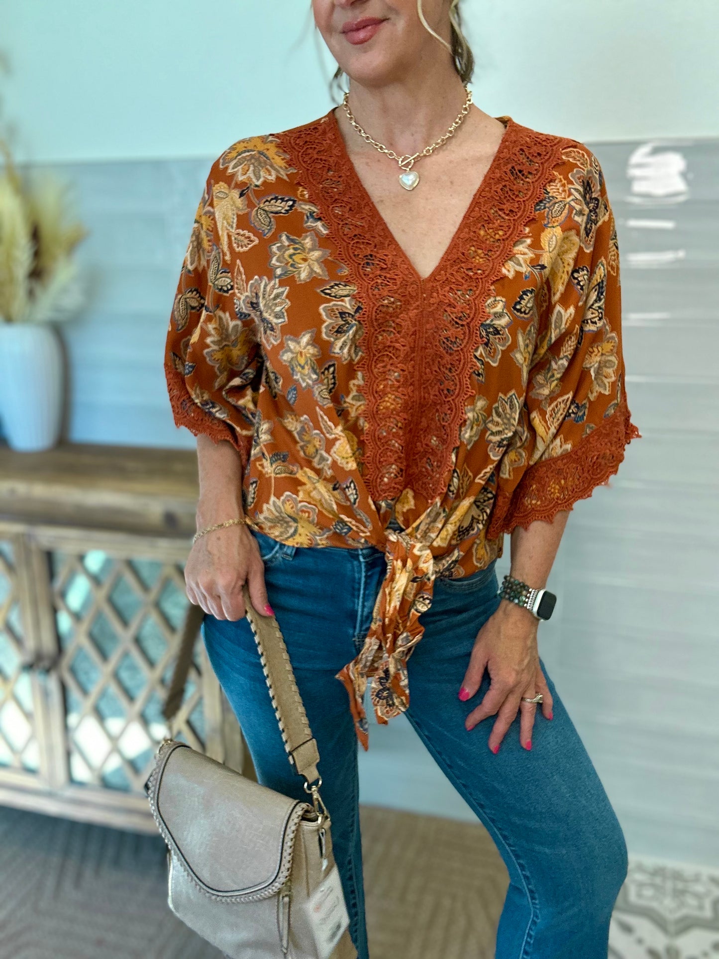 Brown Tie Front Blouse