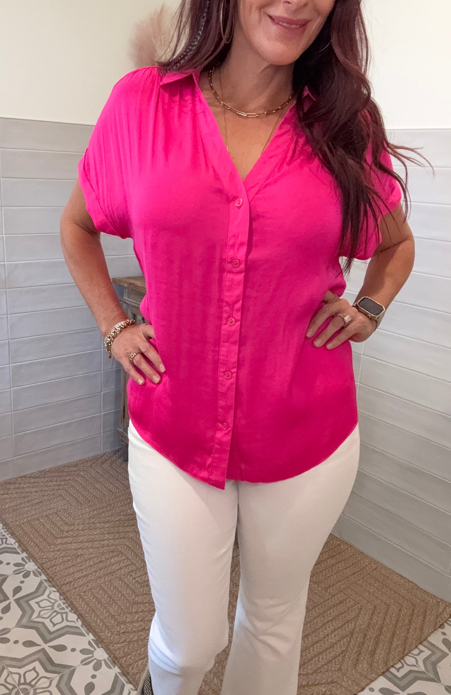 Hot Pink Short Sleeve Blouse