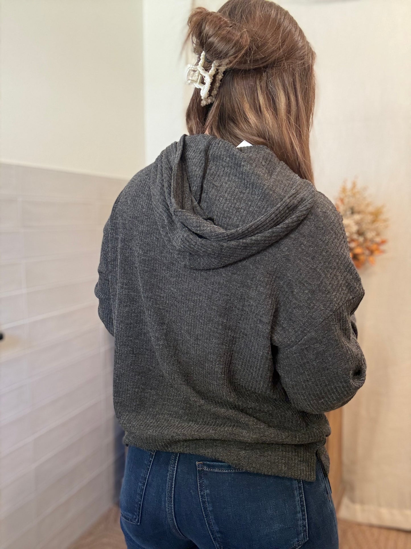Black Ribbed Hoodie Sweatshirt