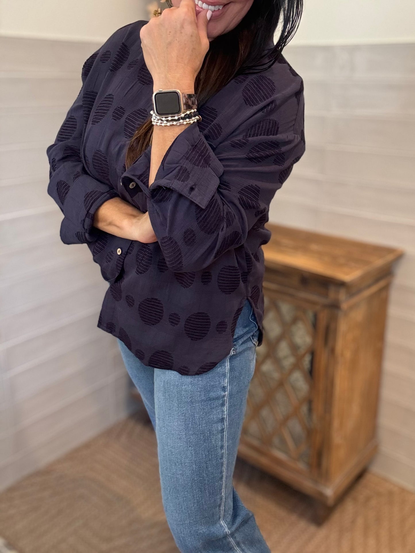 Navy Swiss Dot Blouse