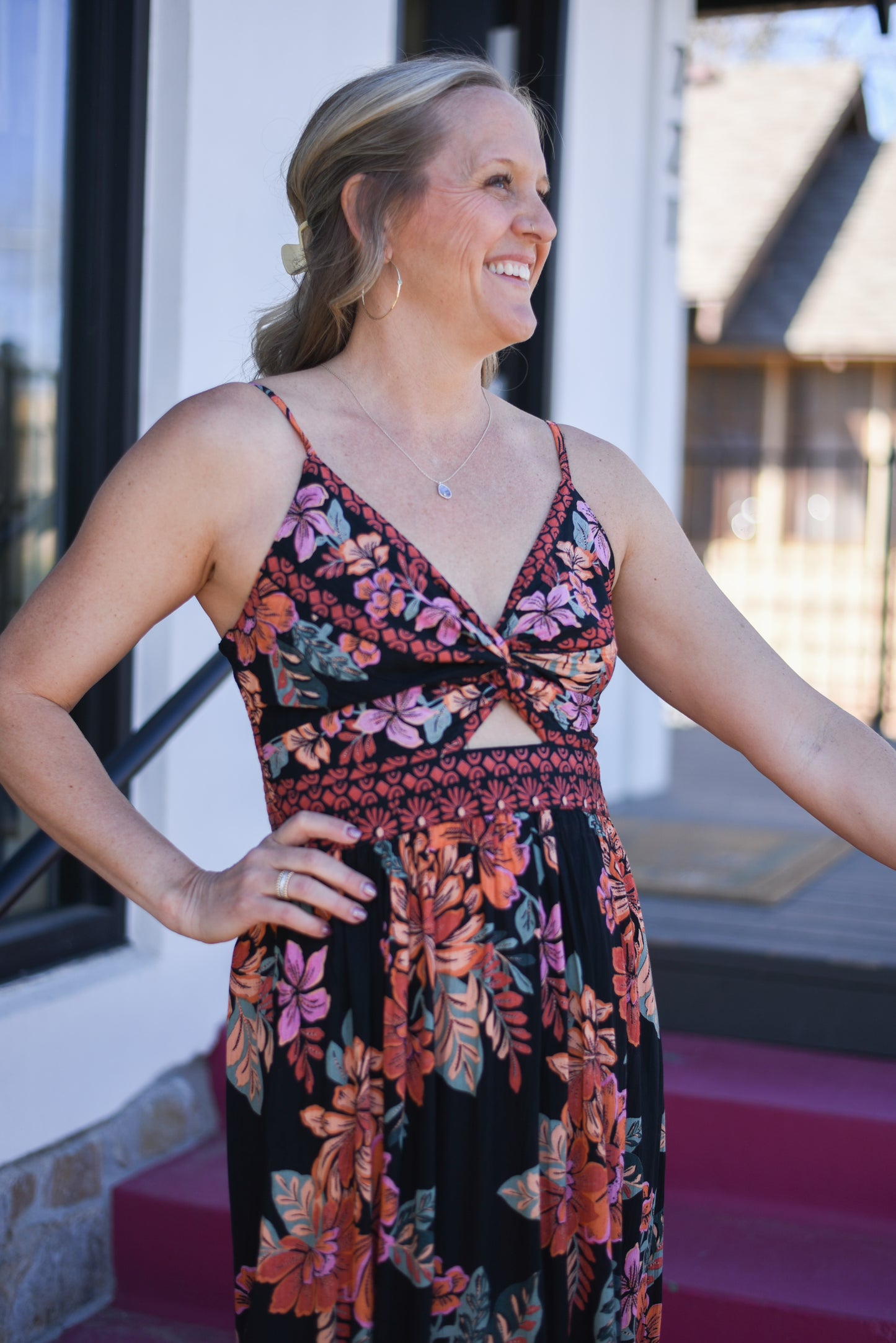 Black Twist Front Midi Dress