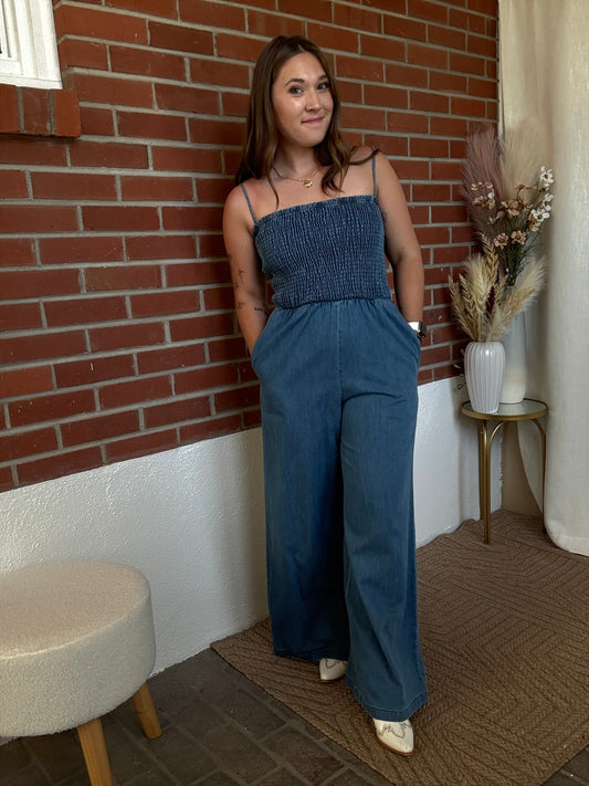Denim Smocked Jumpsuit