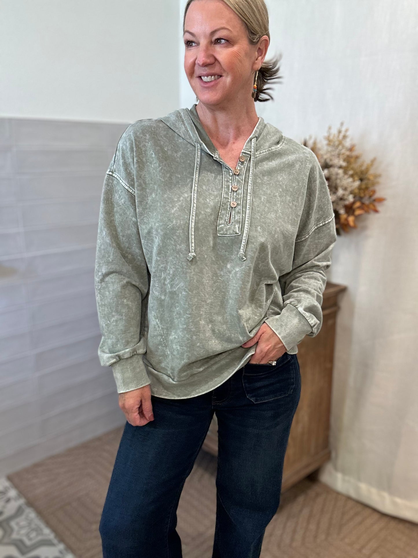 Olive Washed Hooded Sweatshirt