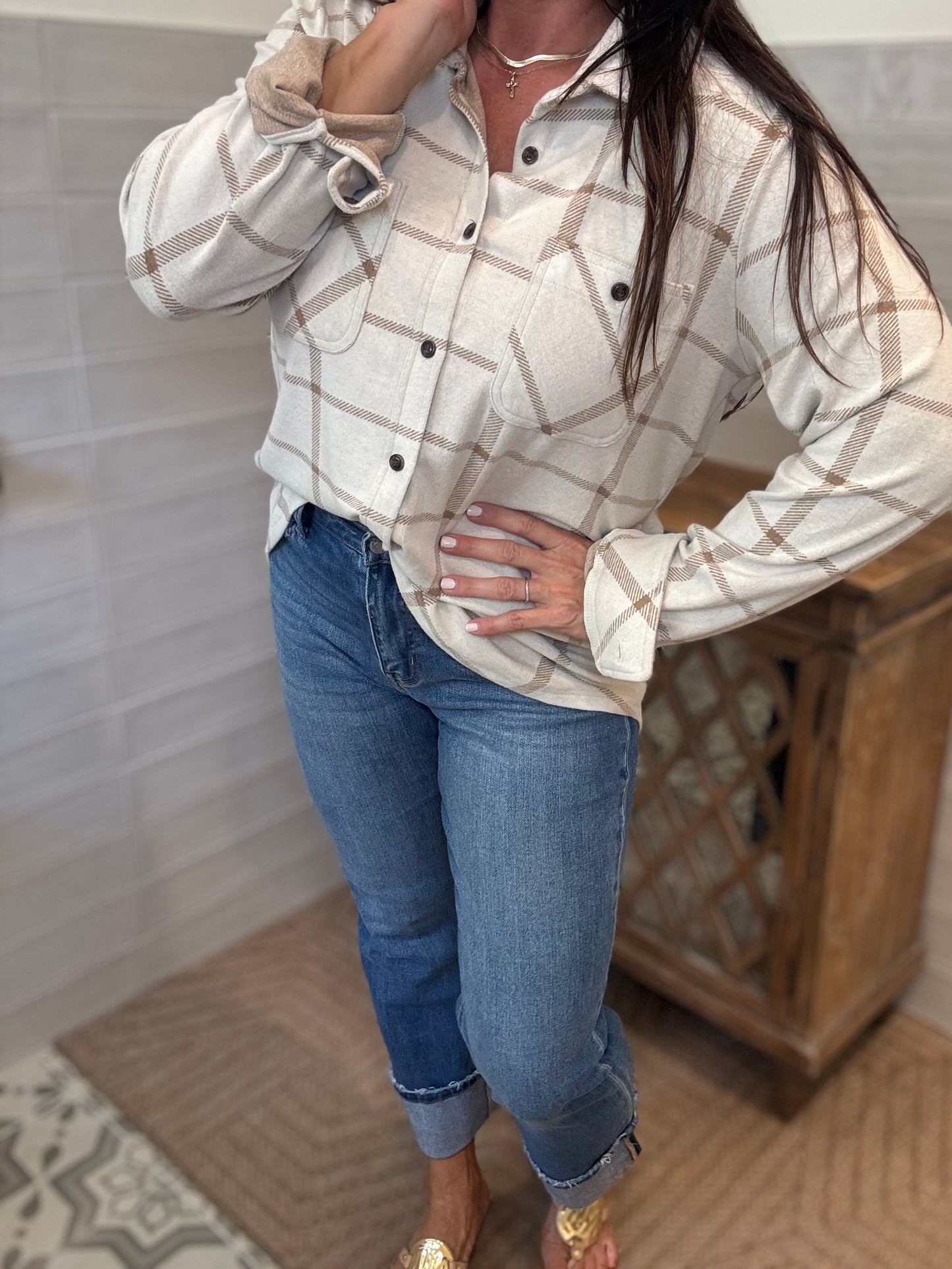 Beige Plaid Button Up Shirt