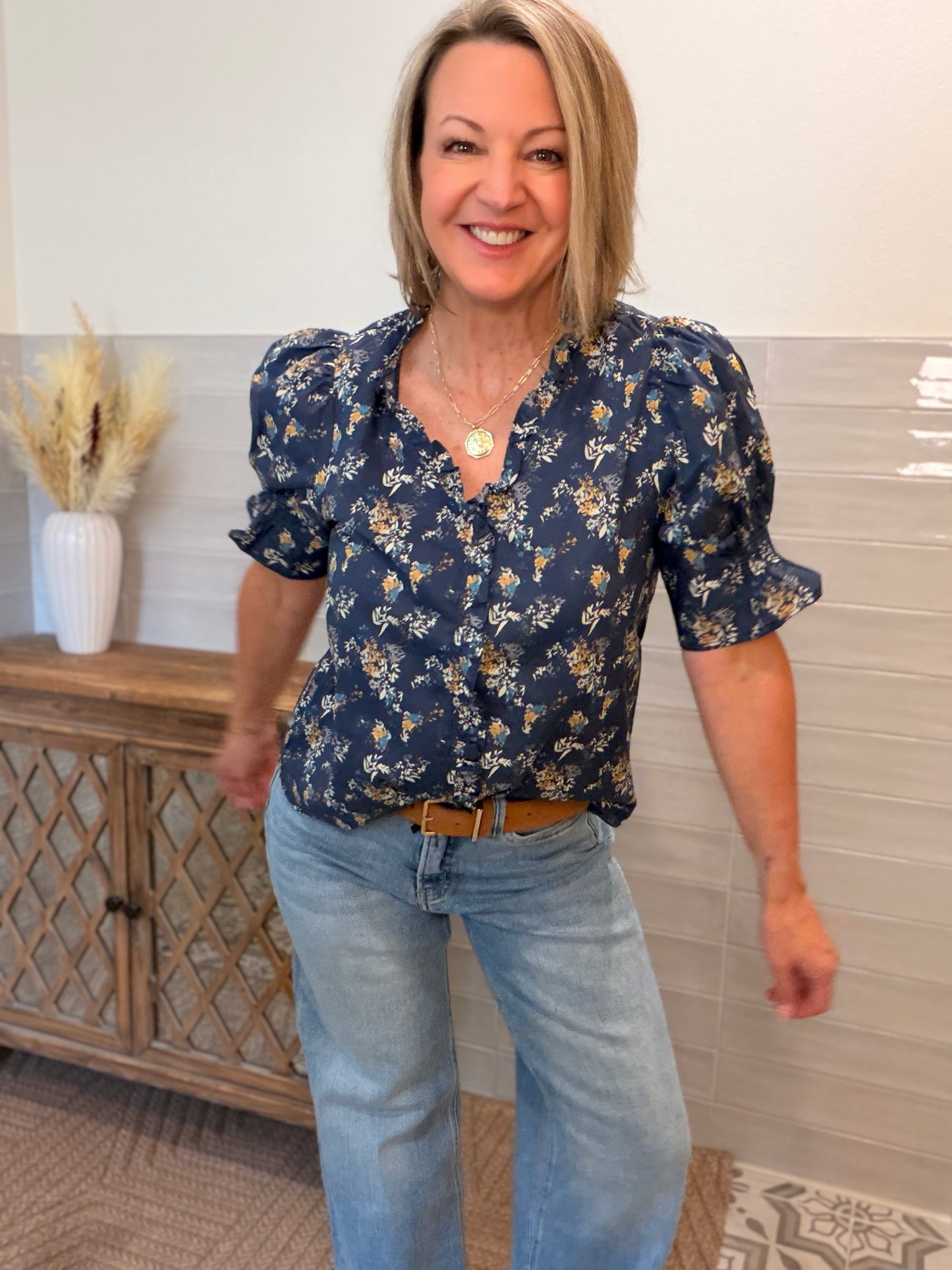 Navy Ruffle Blouse