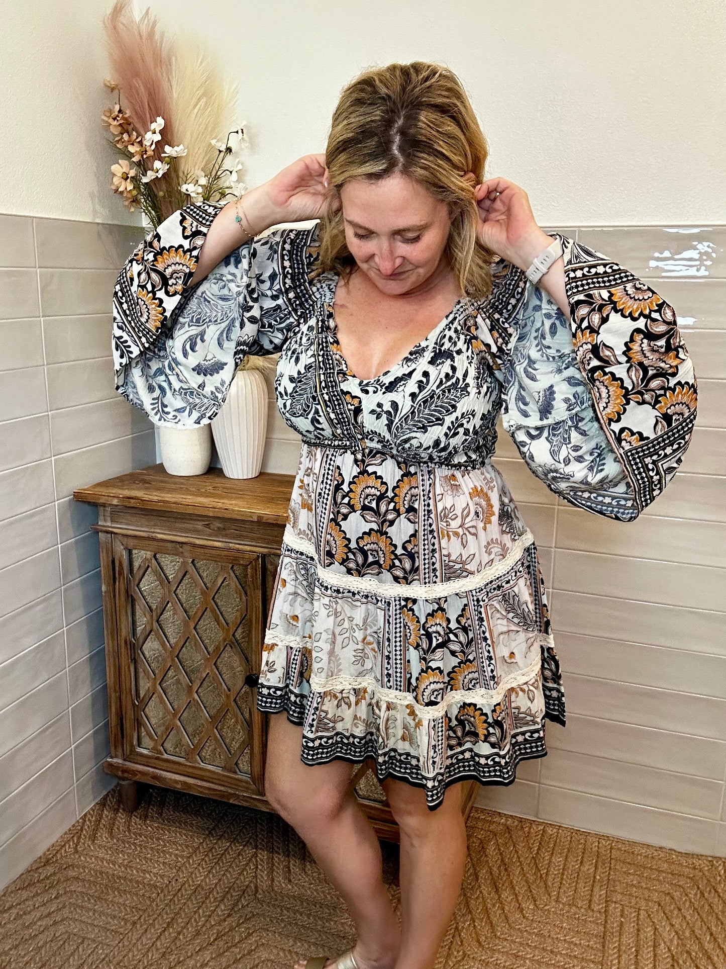 Smocked Bodice Lace Trim Dress