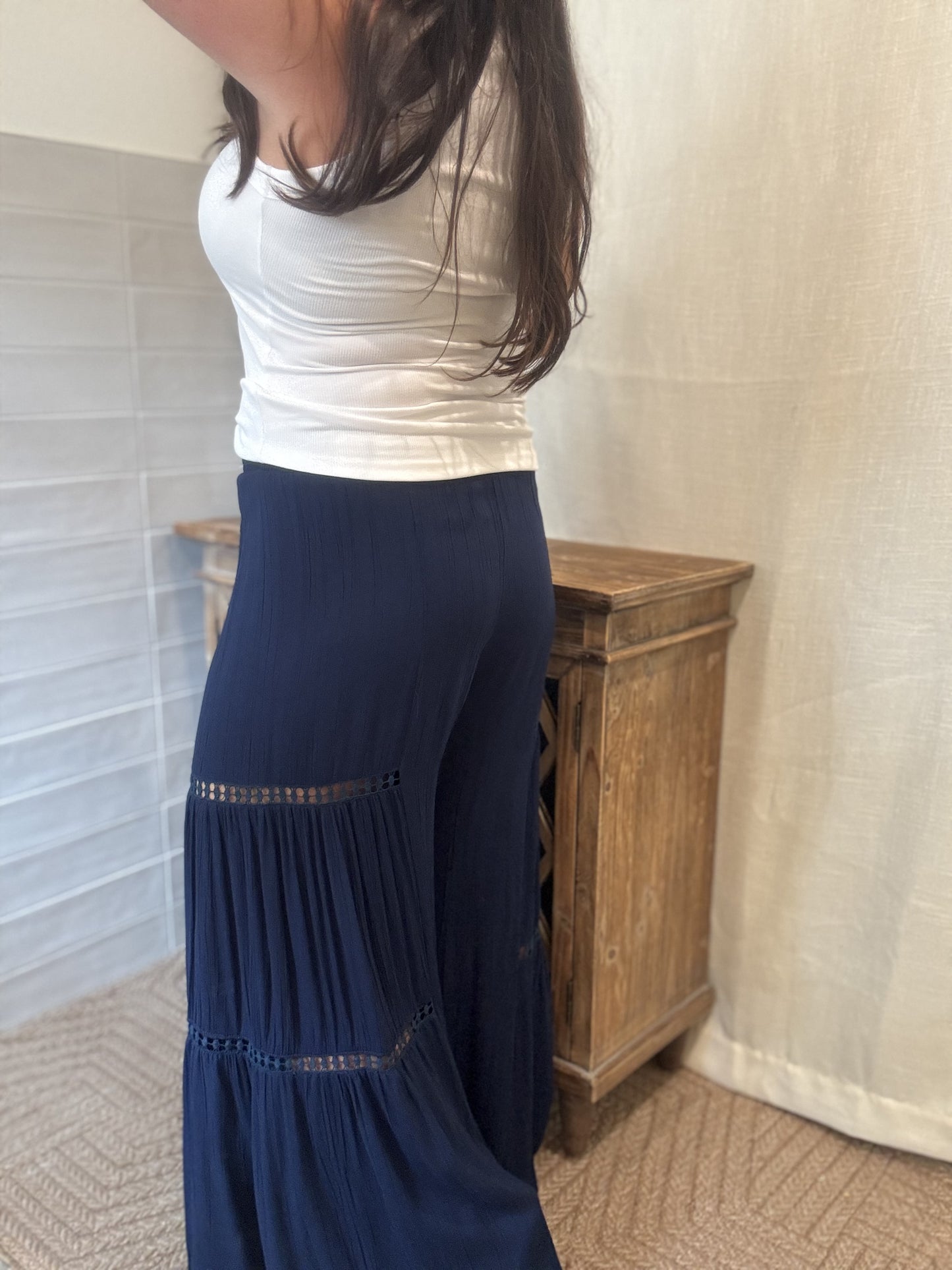 Navy Lace Tie Waist Pants