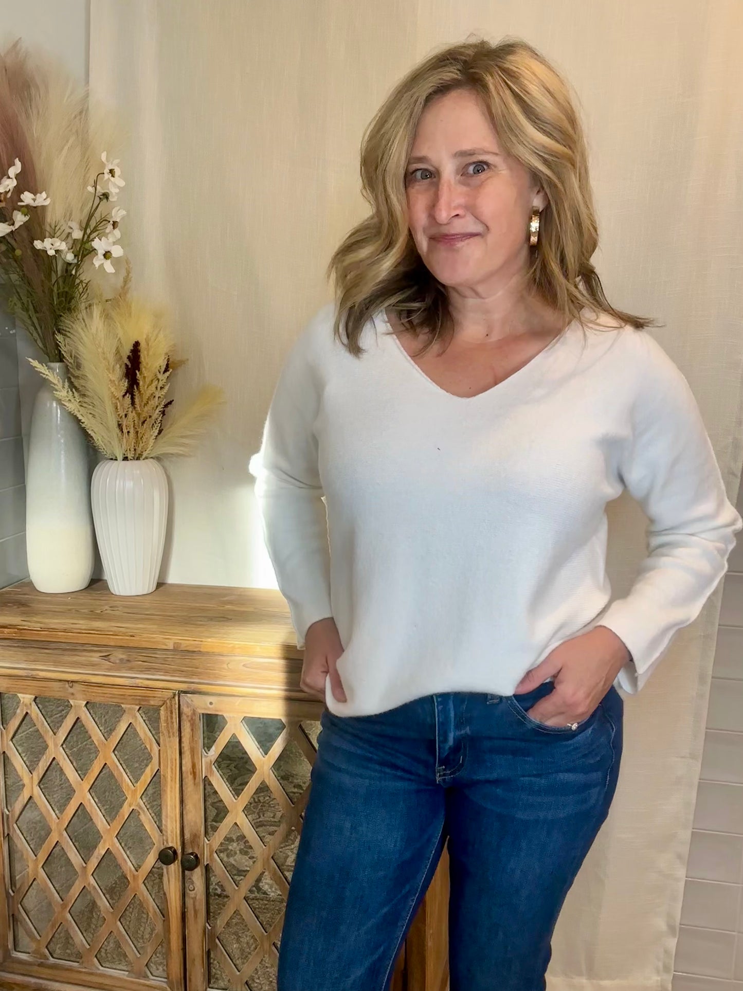 Ivory V-Neck Pullover