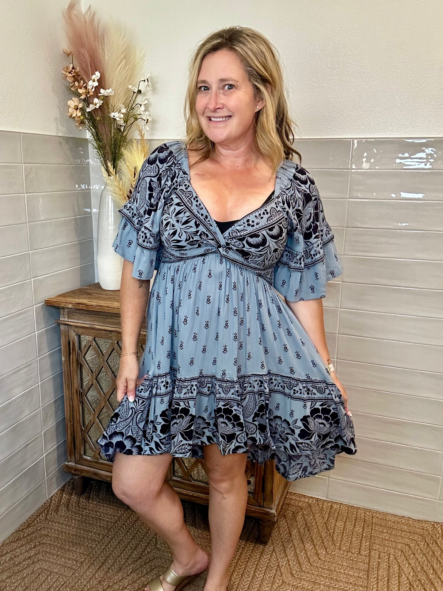Blue Ruffle Twist Dress