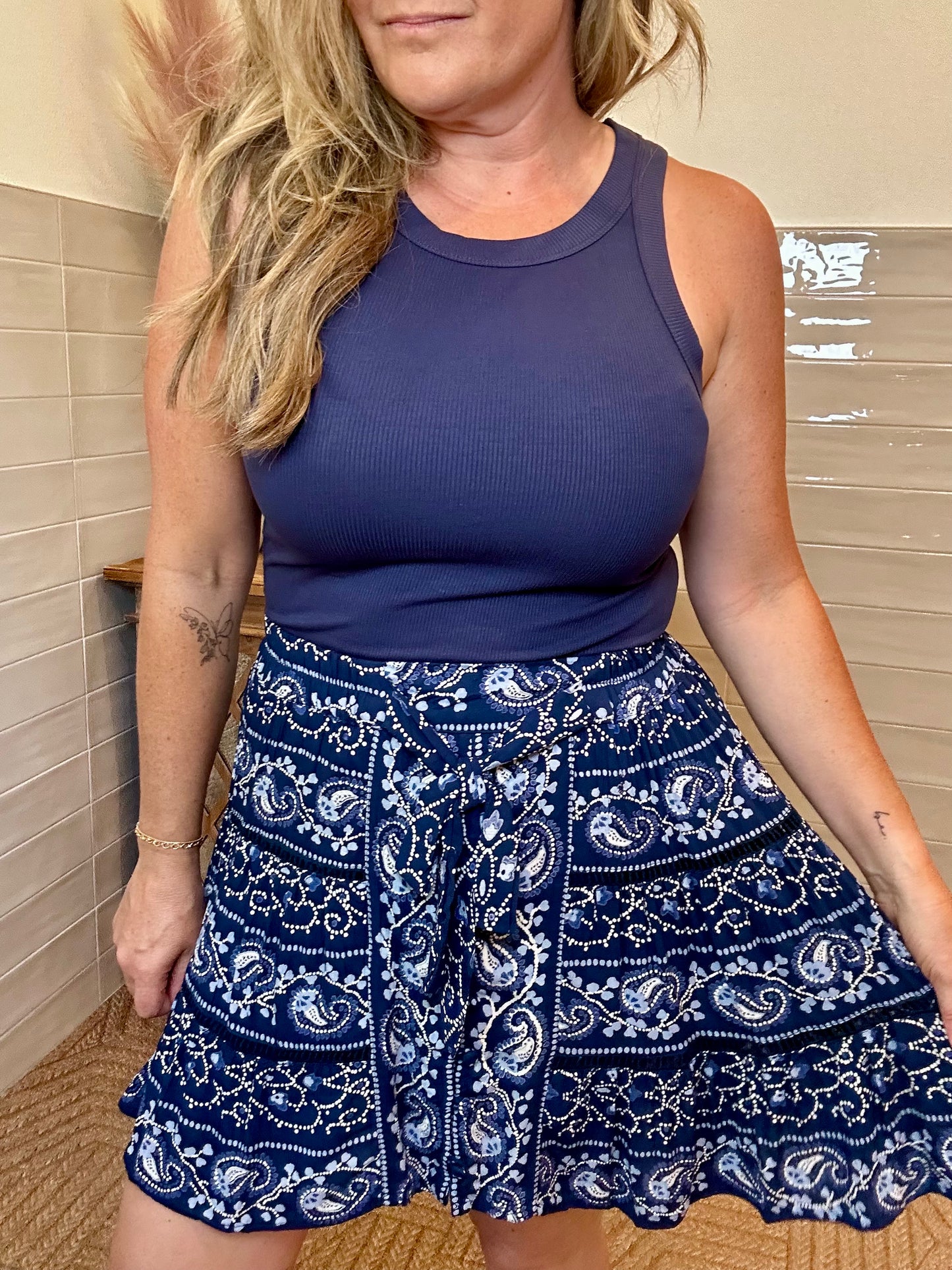 Navy Tie Ruffle Skirt