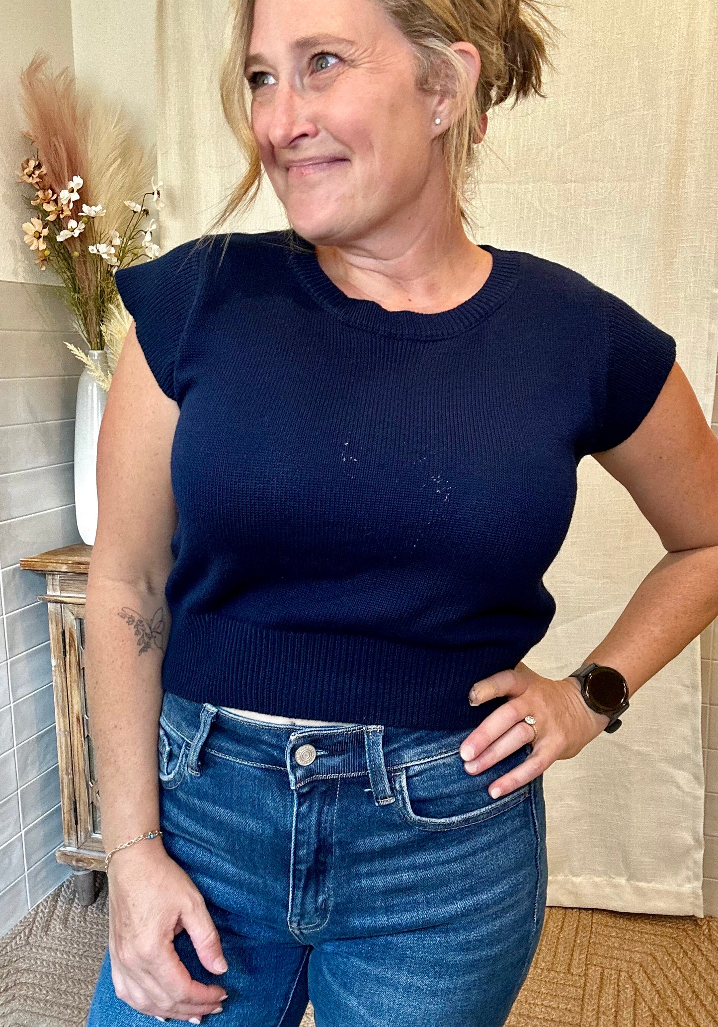 Navy Cap Sleeve Knit Top