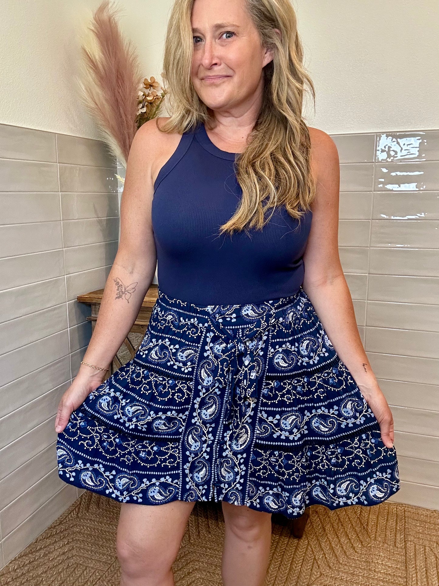 Navy Tie Ruffle Skirt