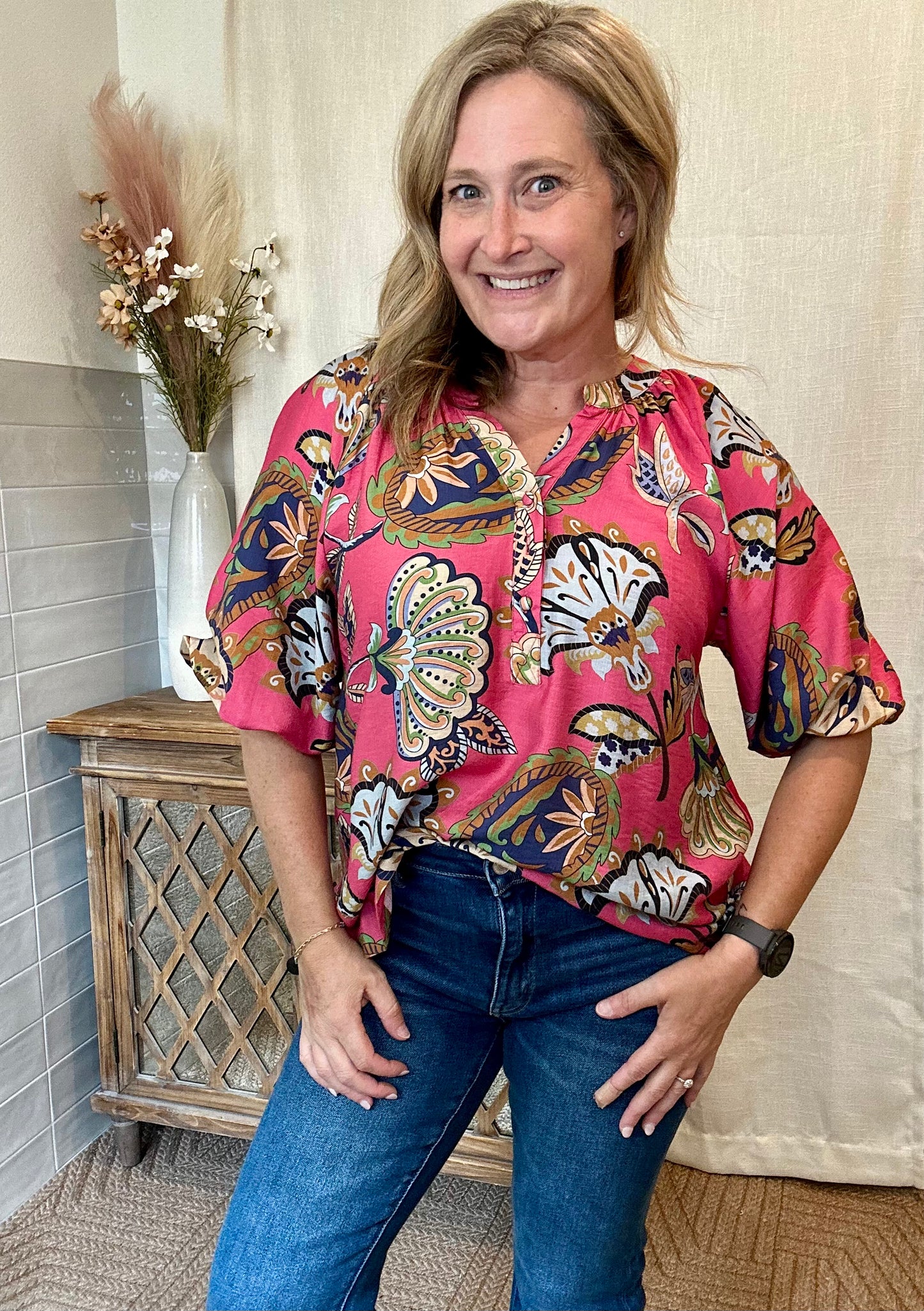 Boho Paisley Puff Sleeve Blouse - Pink