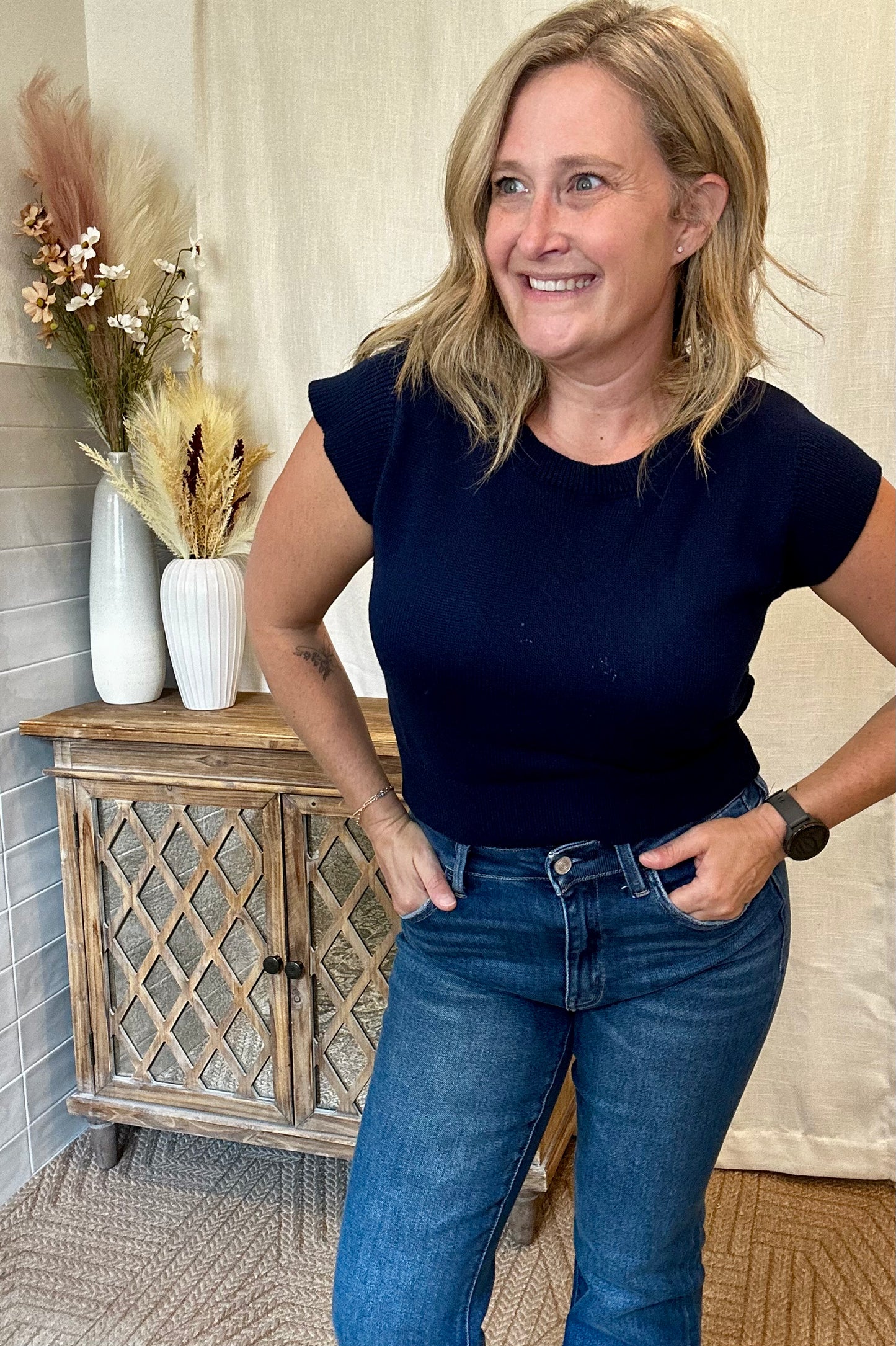 Navy Cap Sleeve Knit Top
