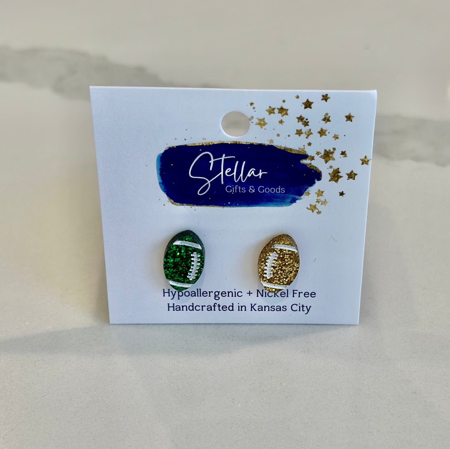 Green & Gold Glitter Hand Painted Football Studs