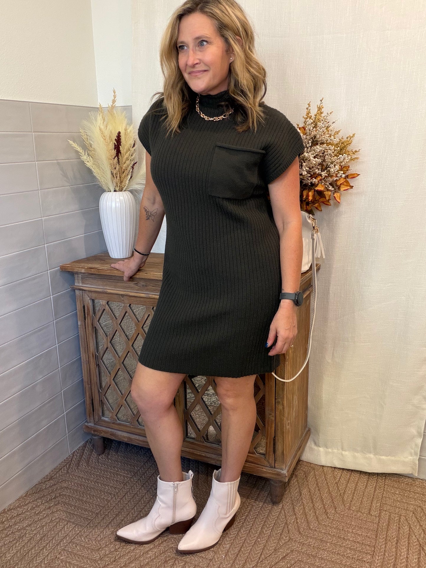 Mock Neck Olive Sweater Dress