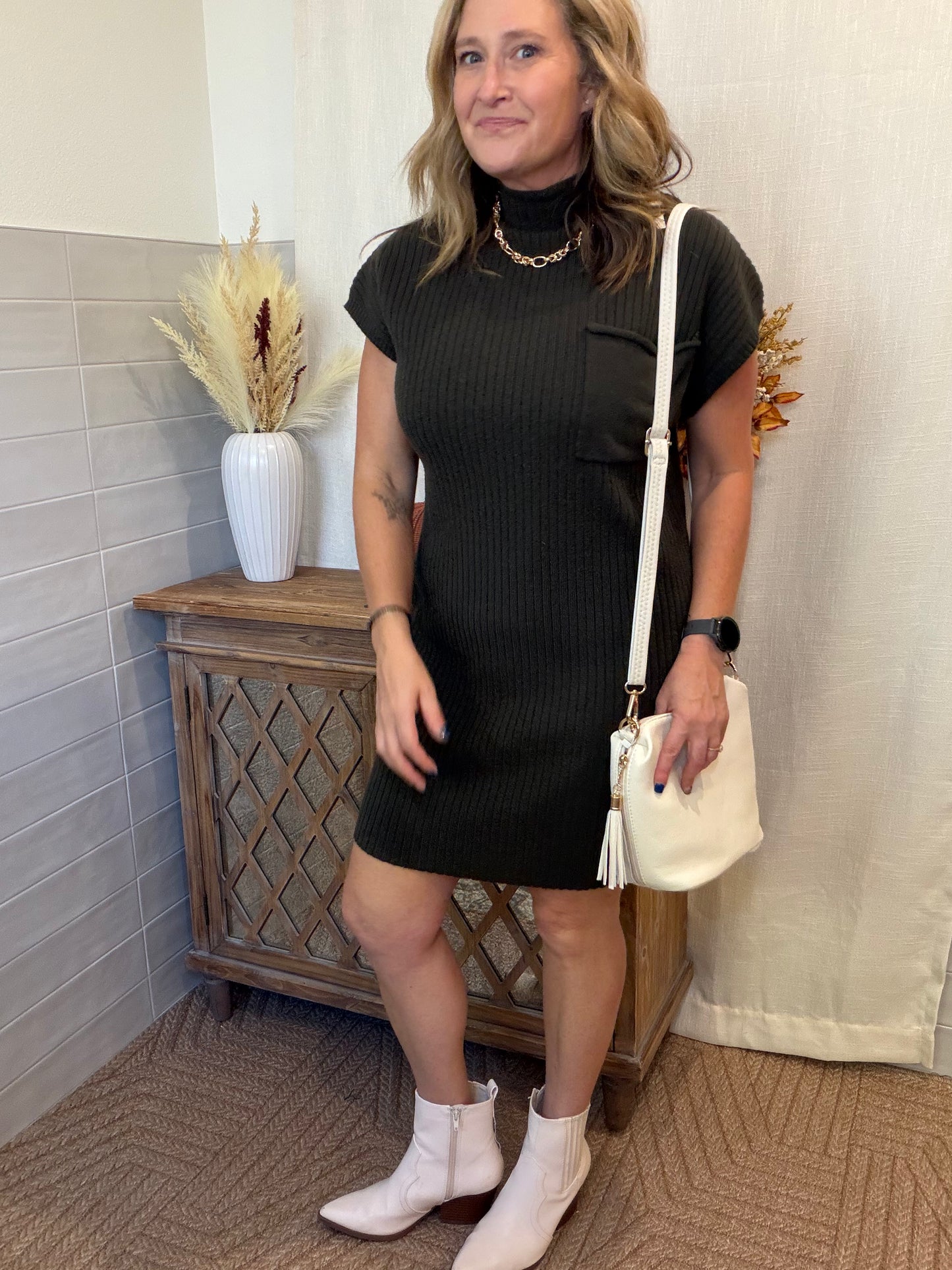 Mock Neck Olive Sweater Dress