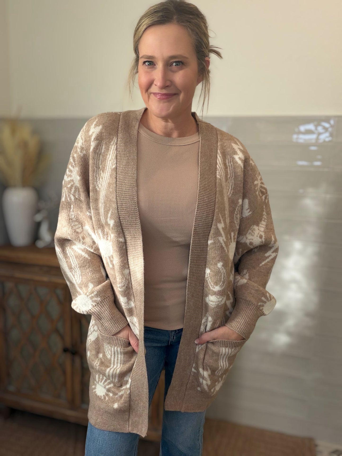 Oversized Western Graphic Knit Sweater Cardigan