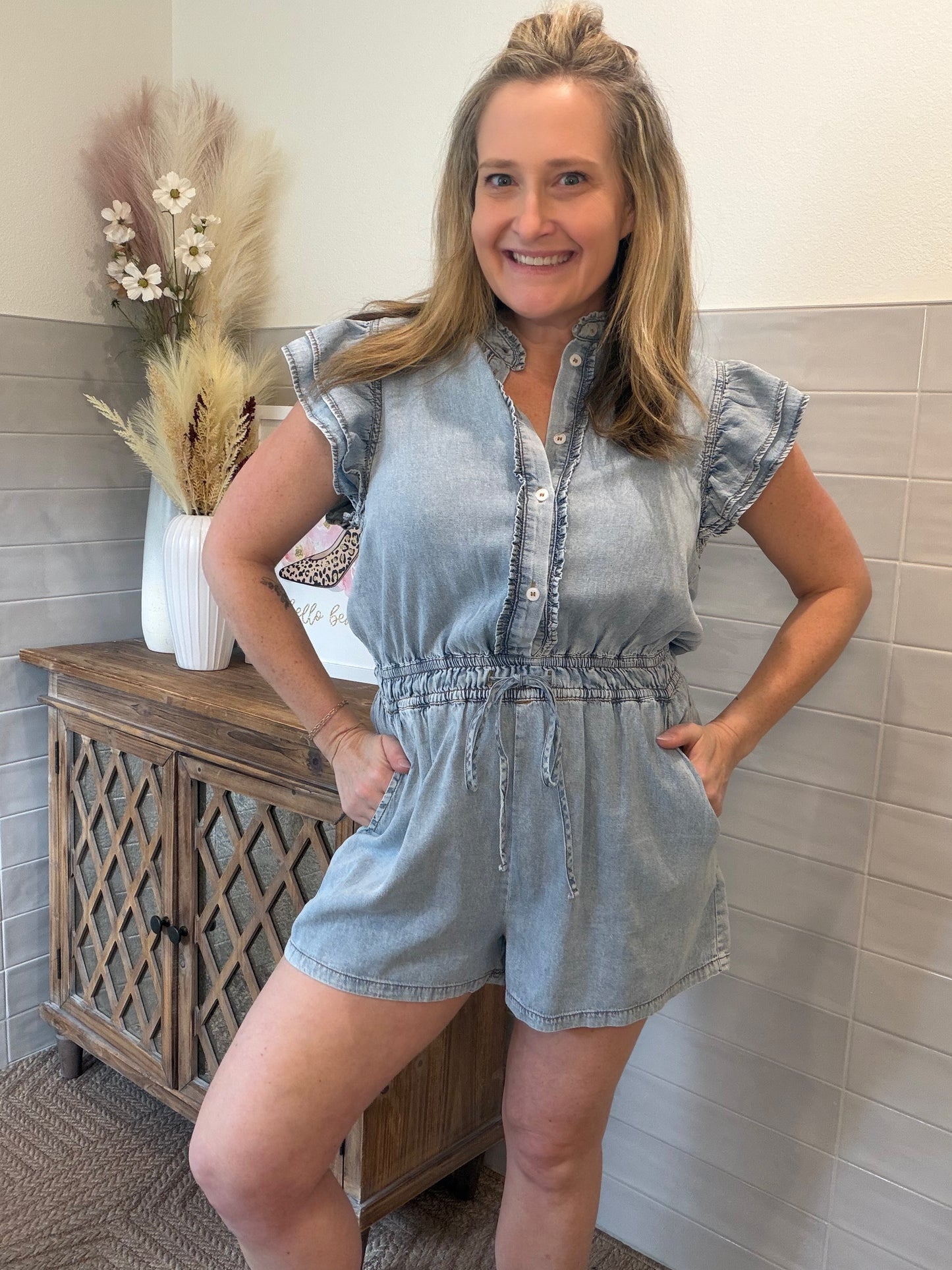 Ruffled Denim Romper