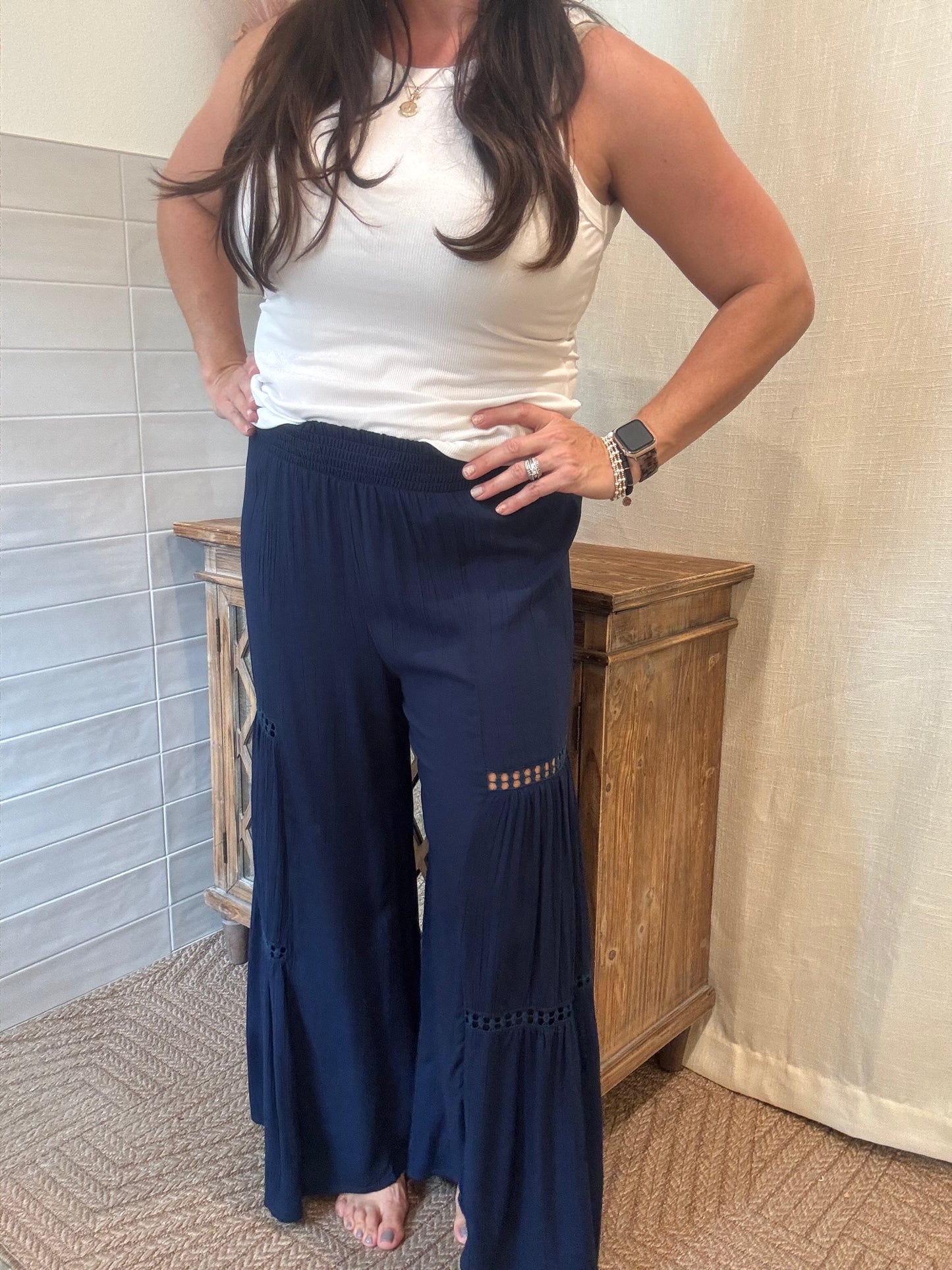 Navy Lace Tie Waist Pants