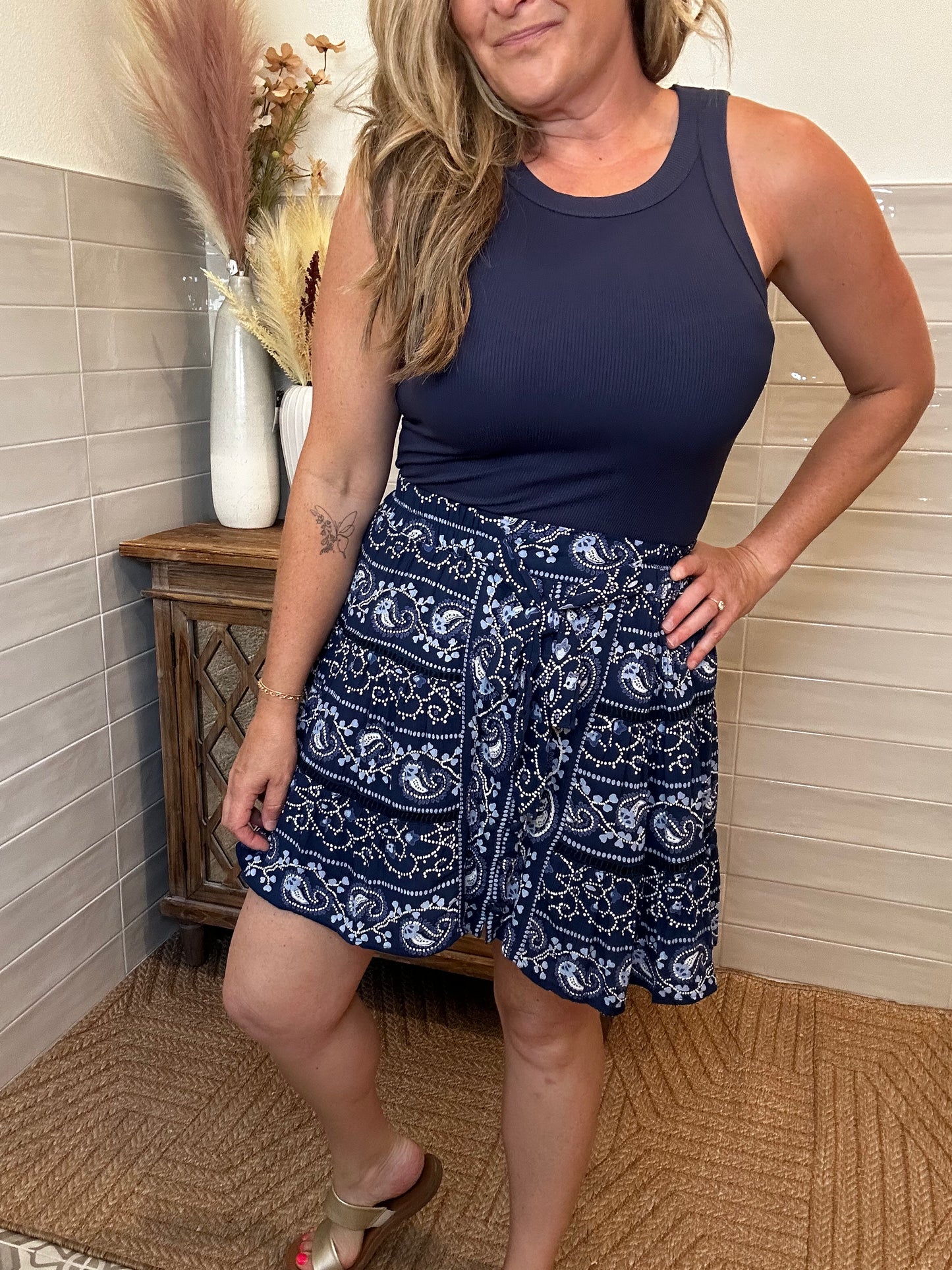 Navy Tie Ruffle Skirt