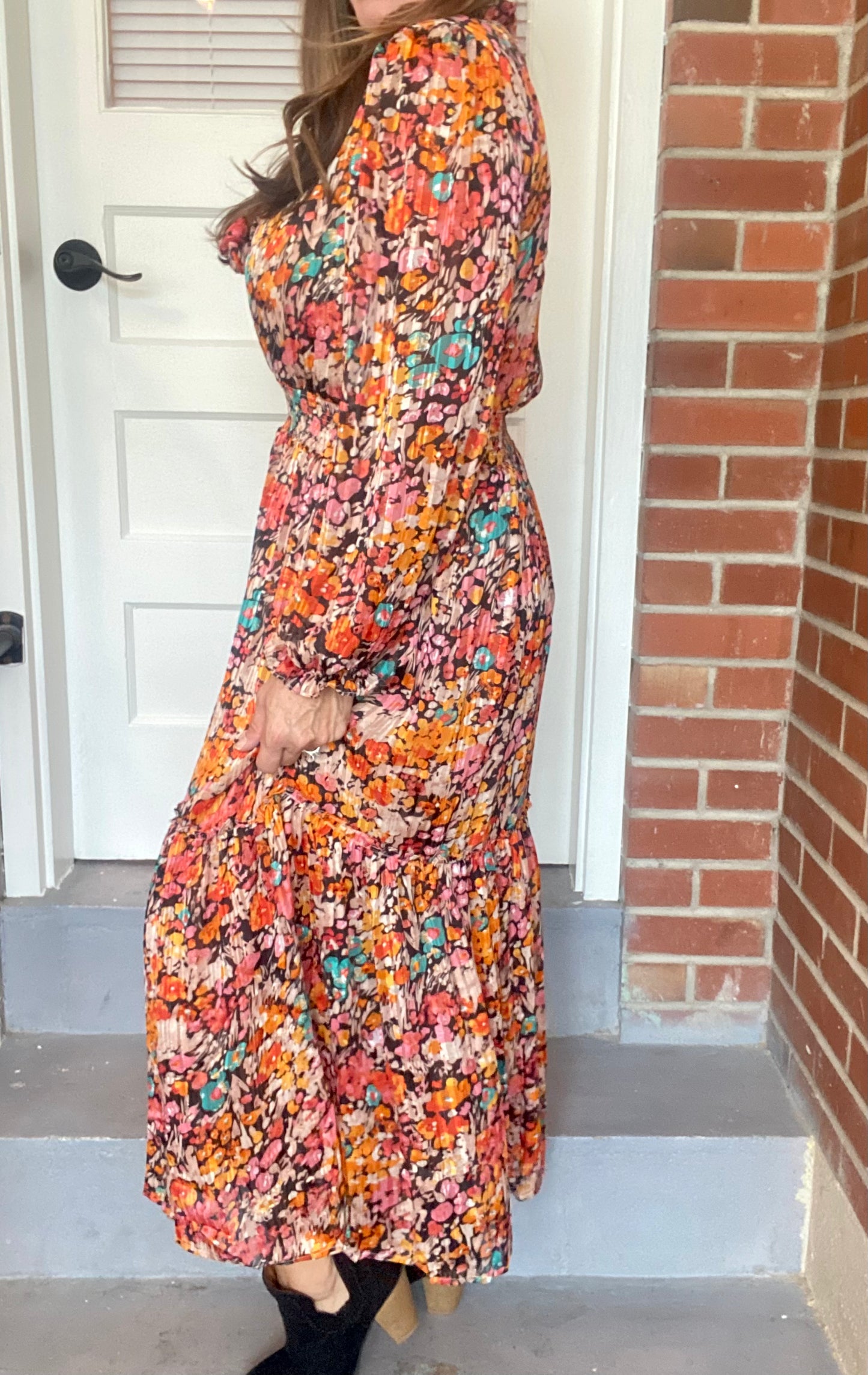 Metallic Floral Midi Dress