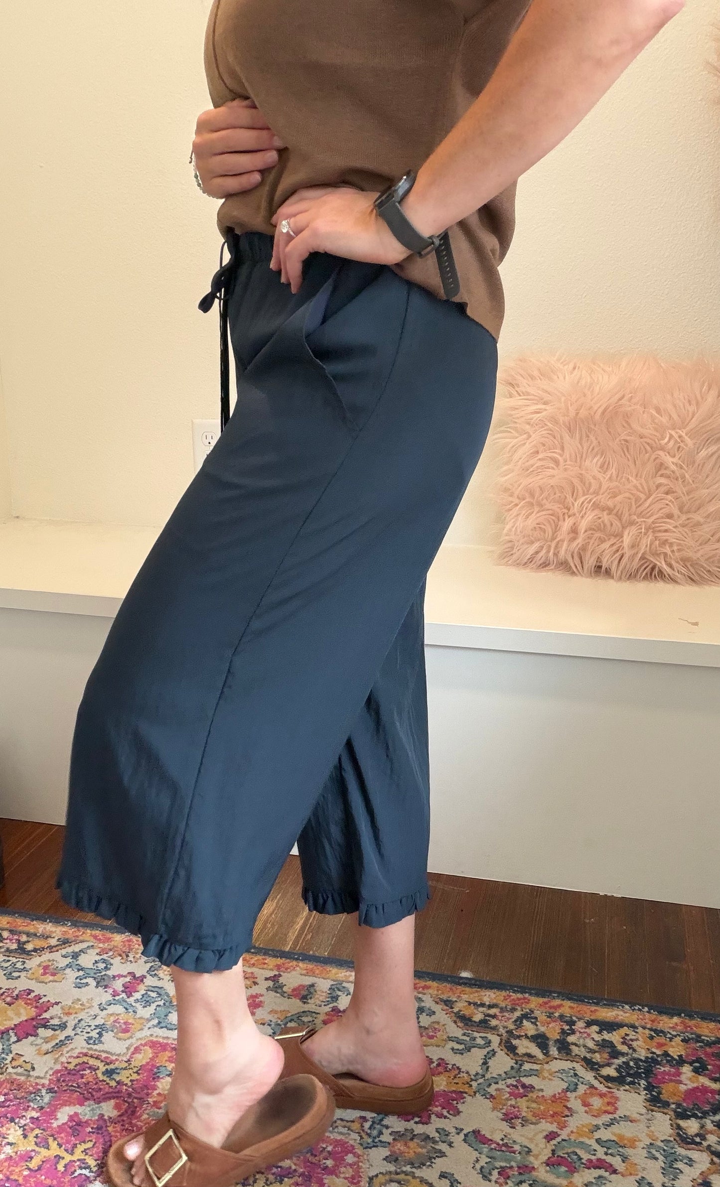 Navy Ruffle Capri Pant