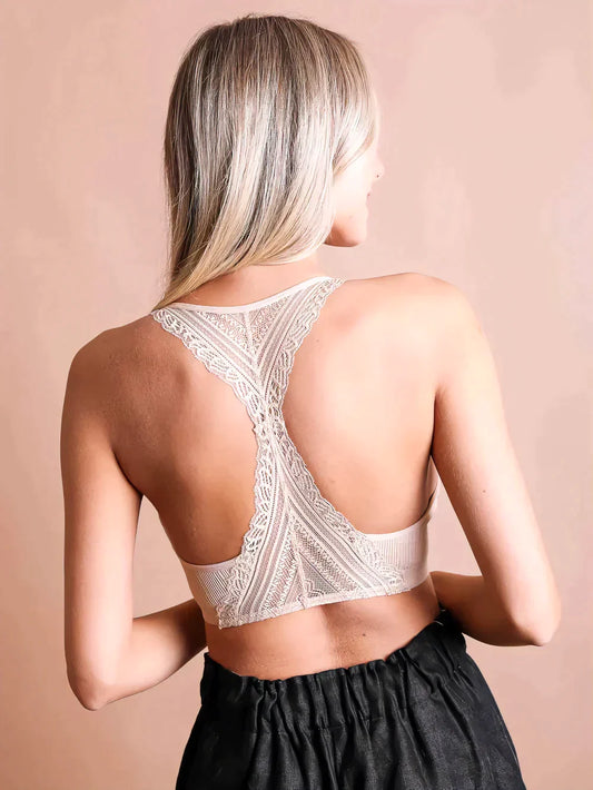 Seamless Front Lace Racerback Bralette - Beige