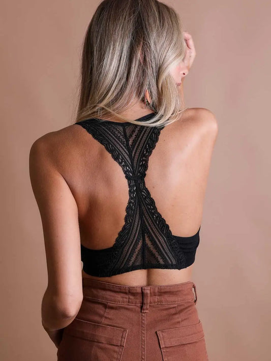 Seamless Front Lace Racerback Bralette - Black