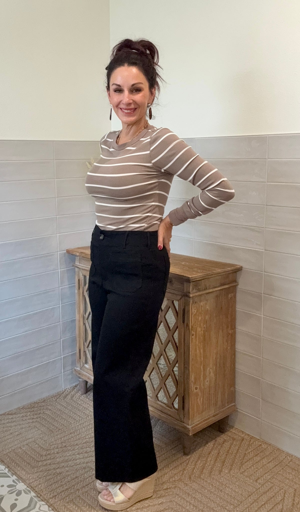Stacy Long Sleeve Top - Taupe White