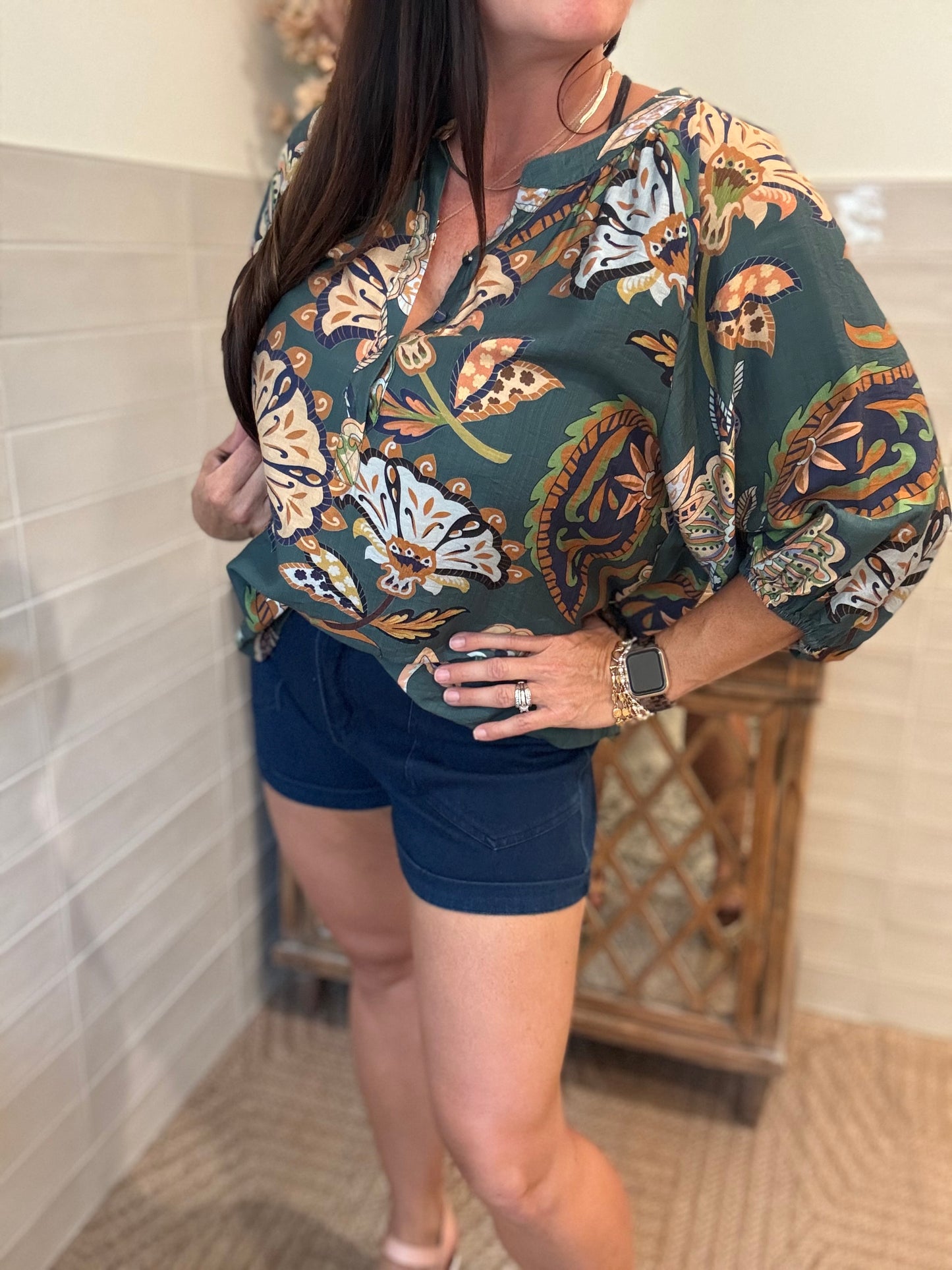 Boho Paisley Puff Sleeve Blouse - Teal