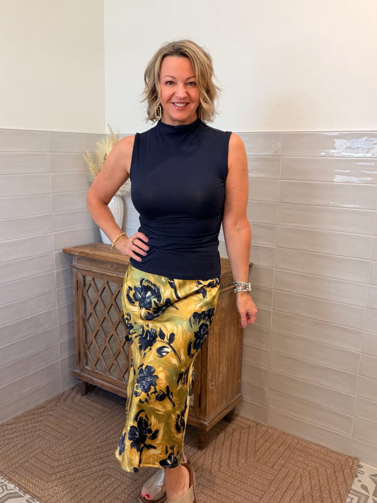 Mustard Floral Satin Skirt