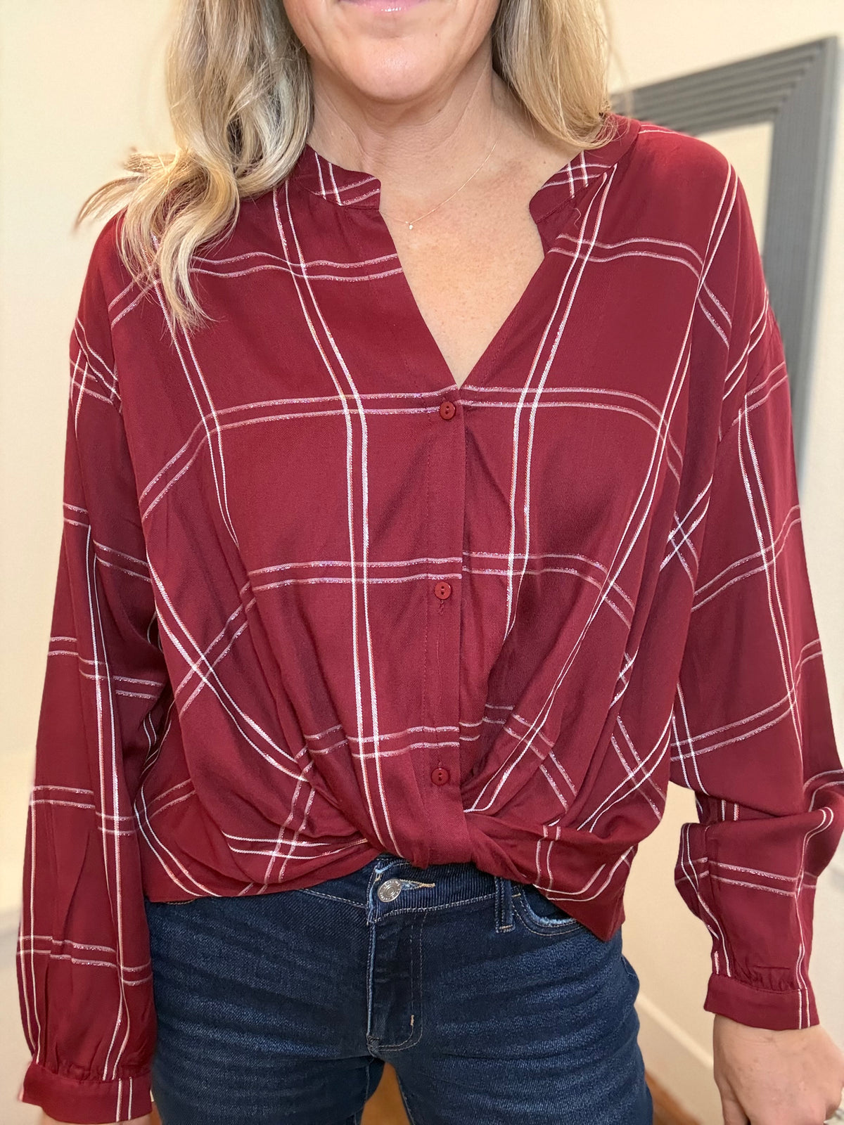 Twist Front Lurex Plaid Shirt