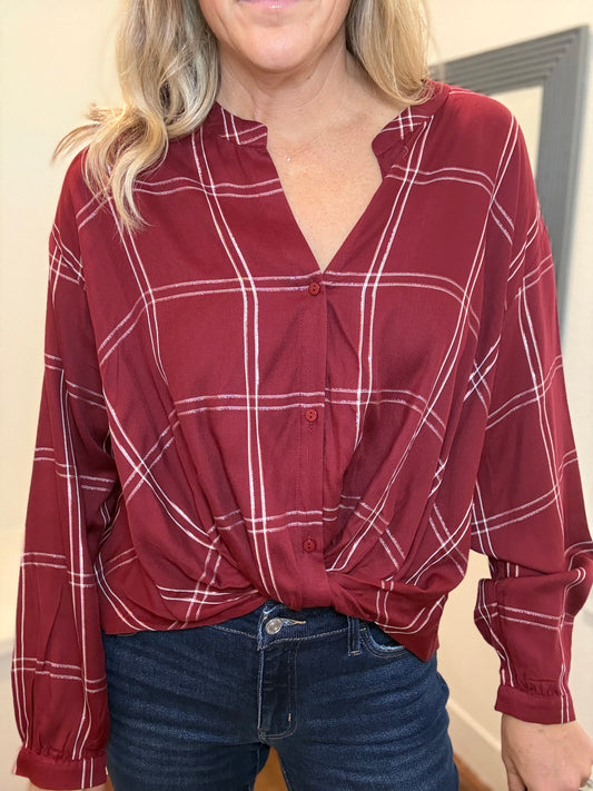 Twist Front Lurex Plaid Shirt