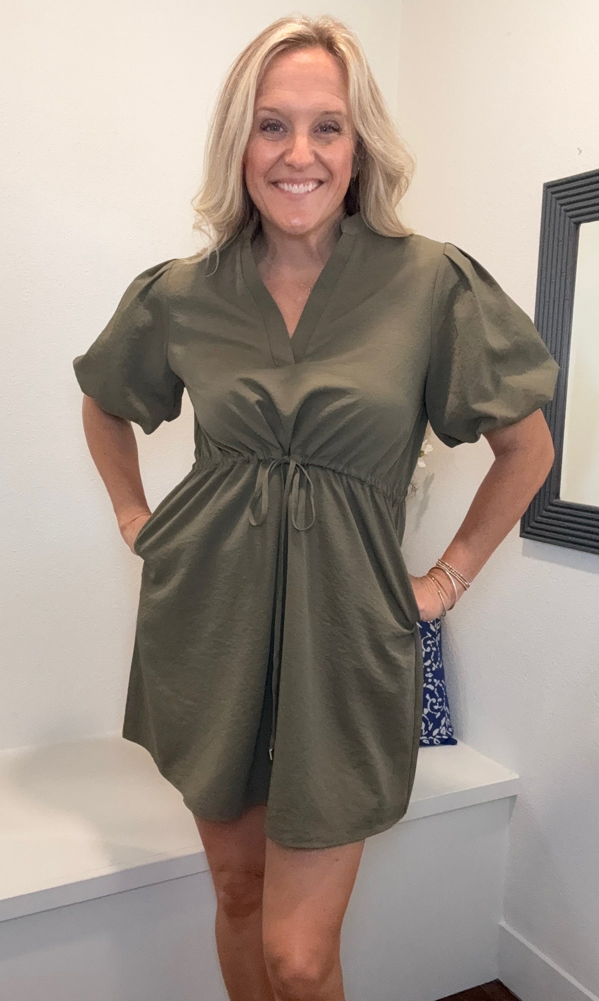 Deep Olive Cinched Waist Mini Dress